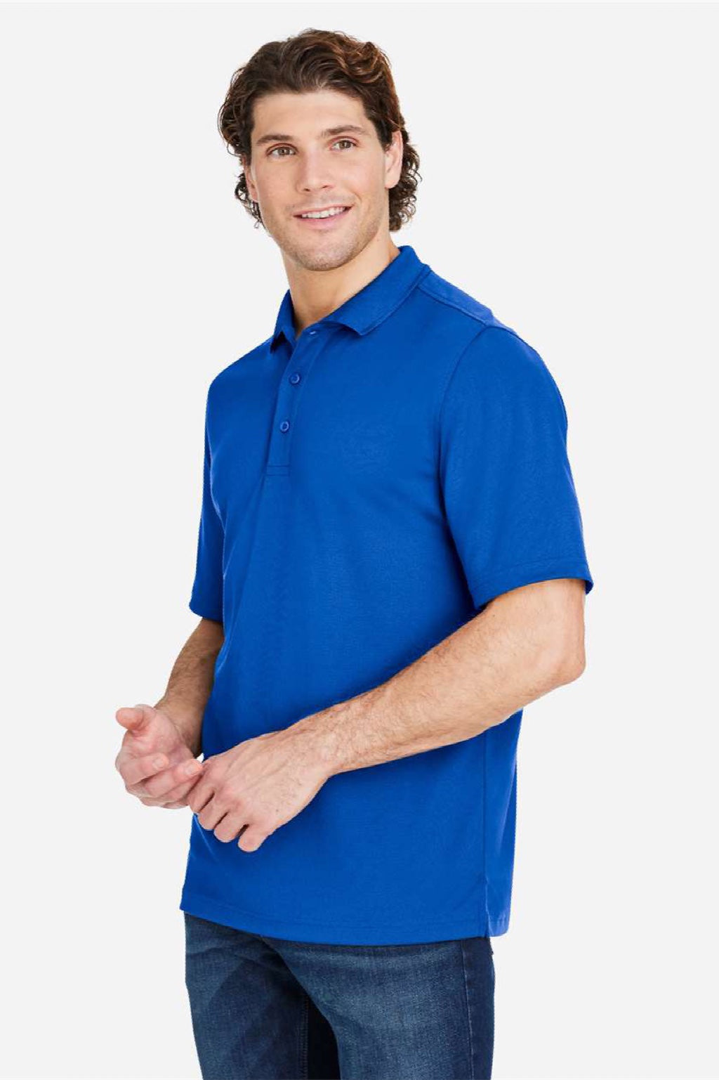 Core 365 CE104 Mens Market Snag Resistant Mesh Short Sleeve Polo Shirt True Royal Blue Model Side
