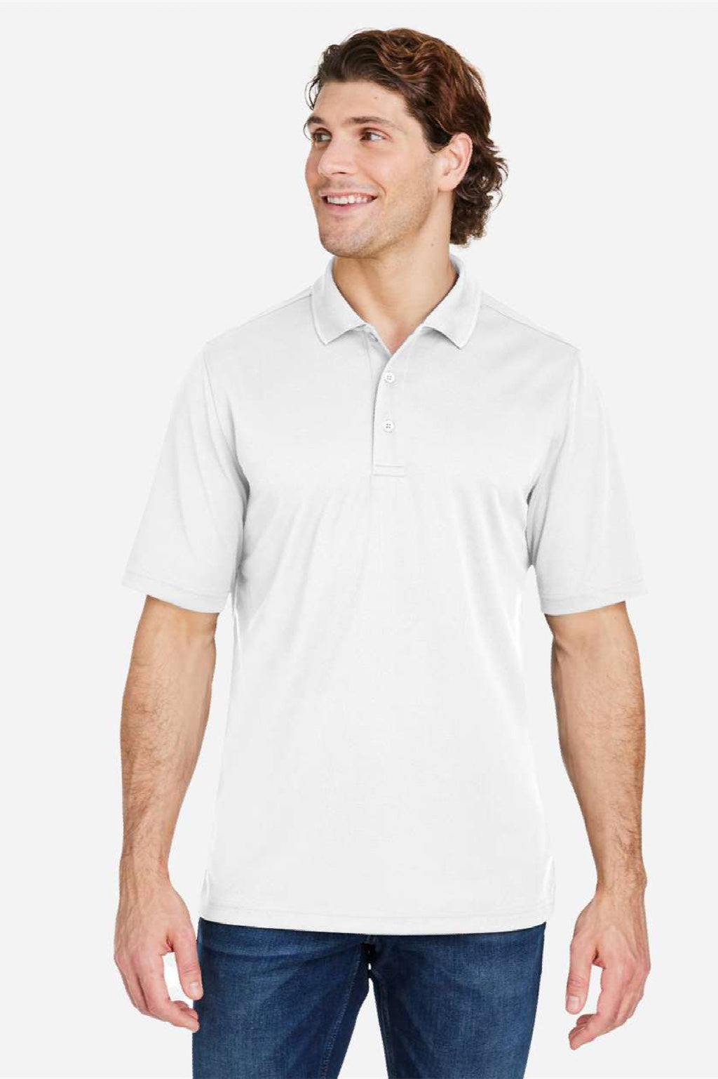 Core 365 CE104 Mens Market Snag Resistant Mesh Short Sleeve Polo Shirt White Model Front