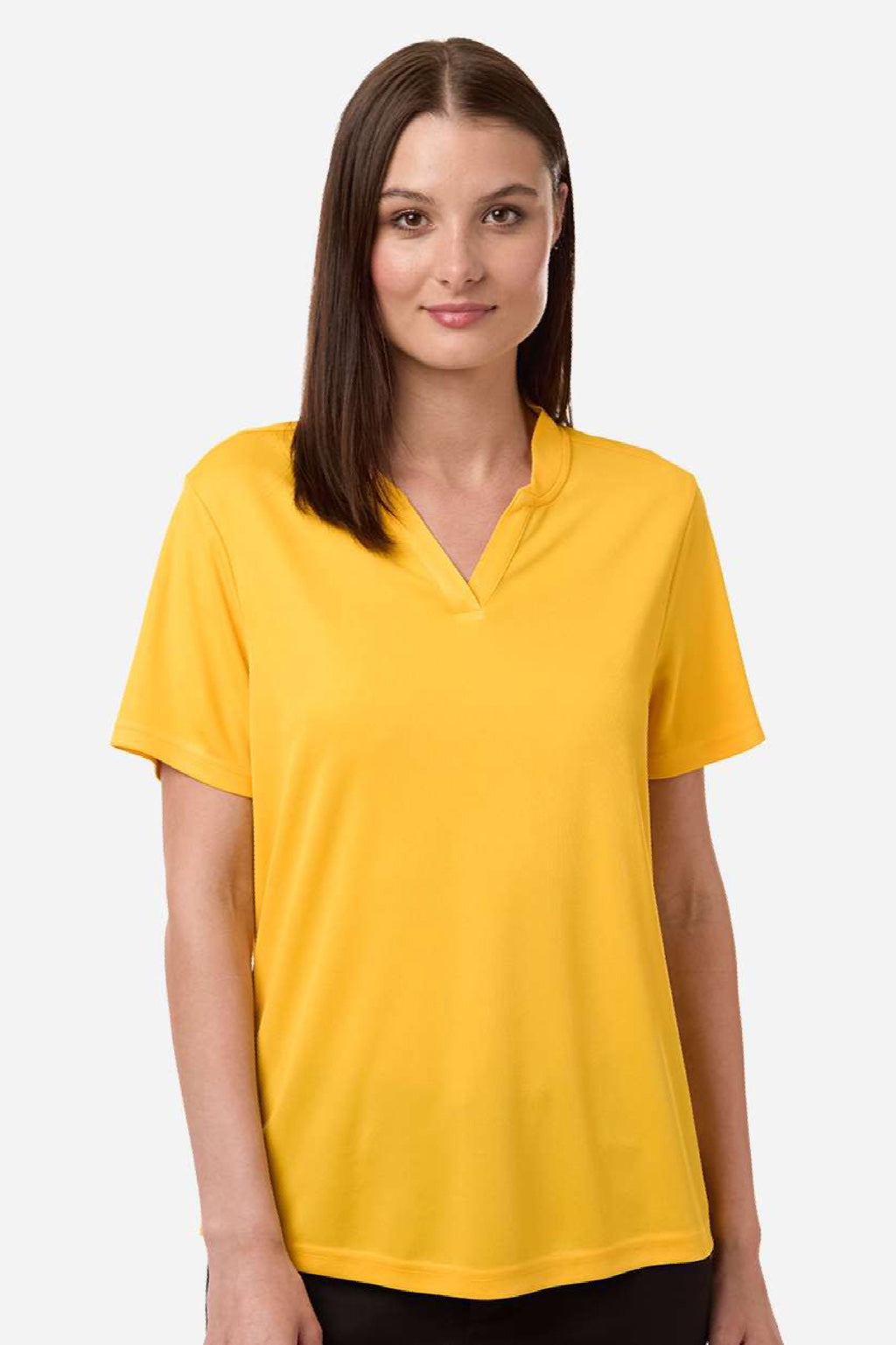 Core 365 CE108W Womens Nova Performance Pique Short Sleeve Polo Shirt Campus Gold Model Front