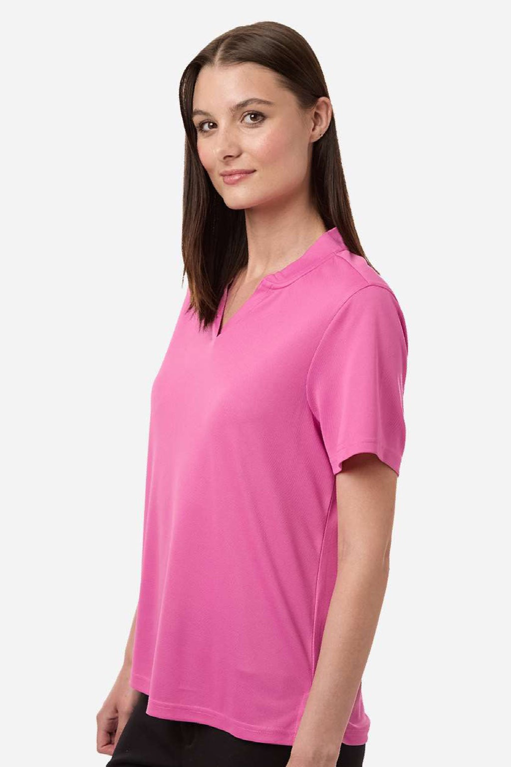 Core 365 CE108W Womens Nova Performance Pique Short Sleeve Polo Shirt Charity Pink Model Side