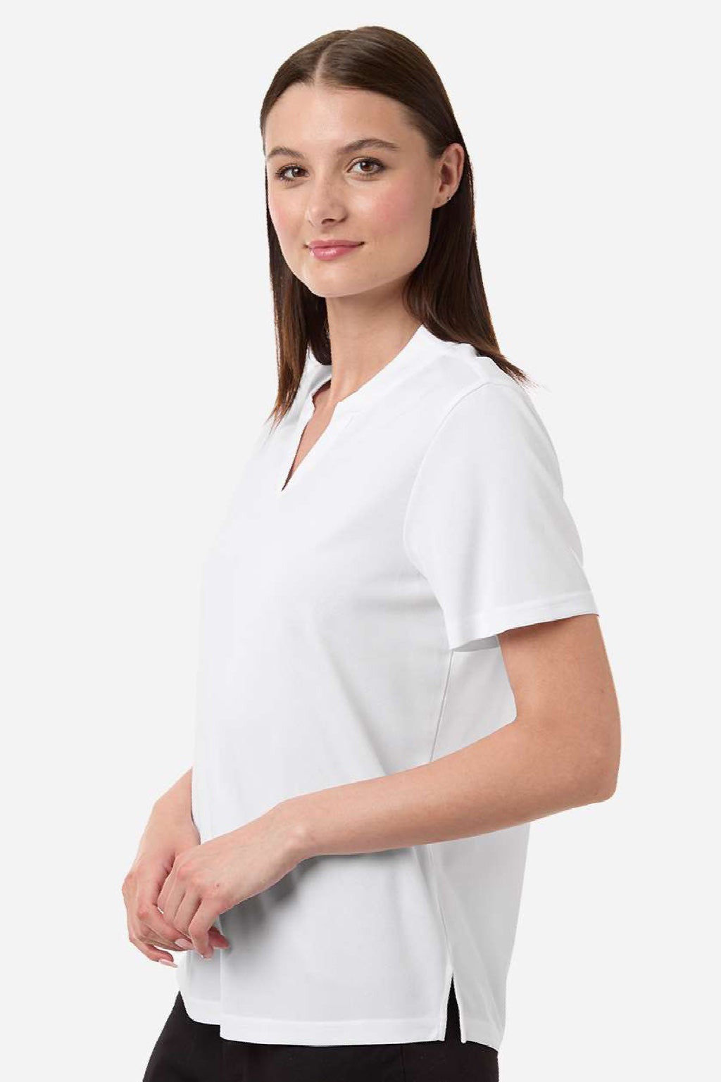 Core 365 CE108W Womens Nova Performance Pique Short Sleeve Polo Shirt White Model Side