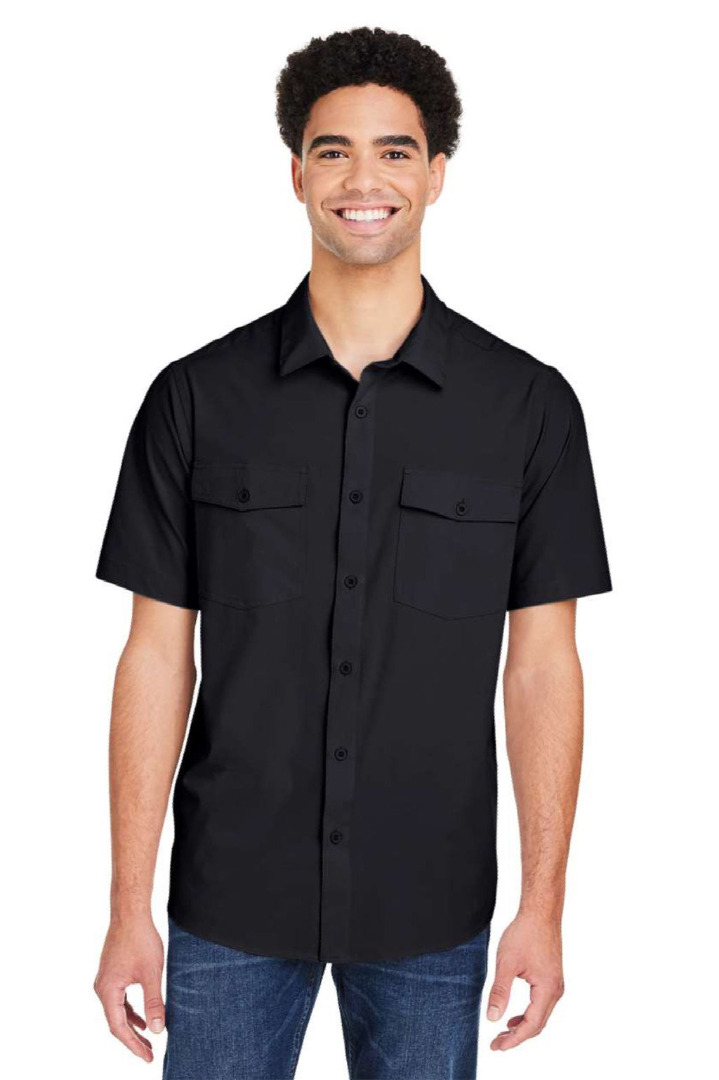 Core 365 CE510 Mens Ultra UVP Marina Short Sleeve Button Down Shirt w/ Double Pockets Black Model Front
