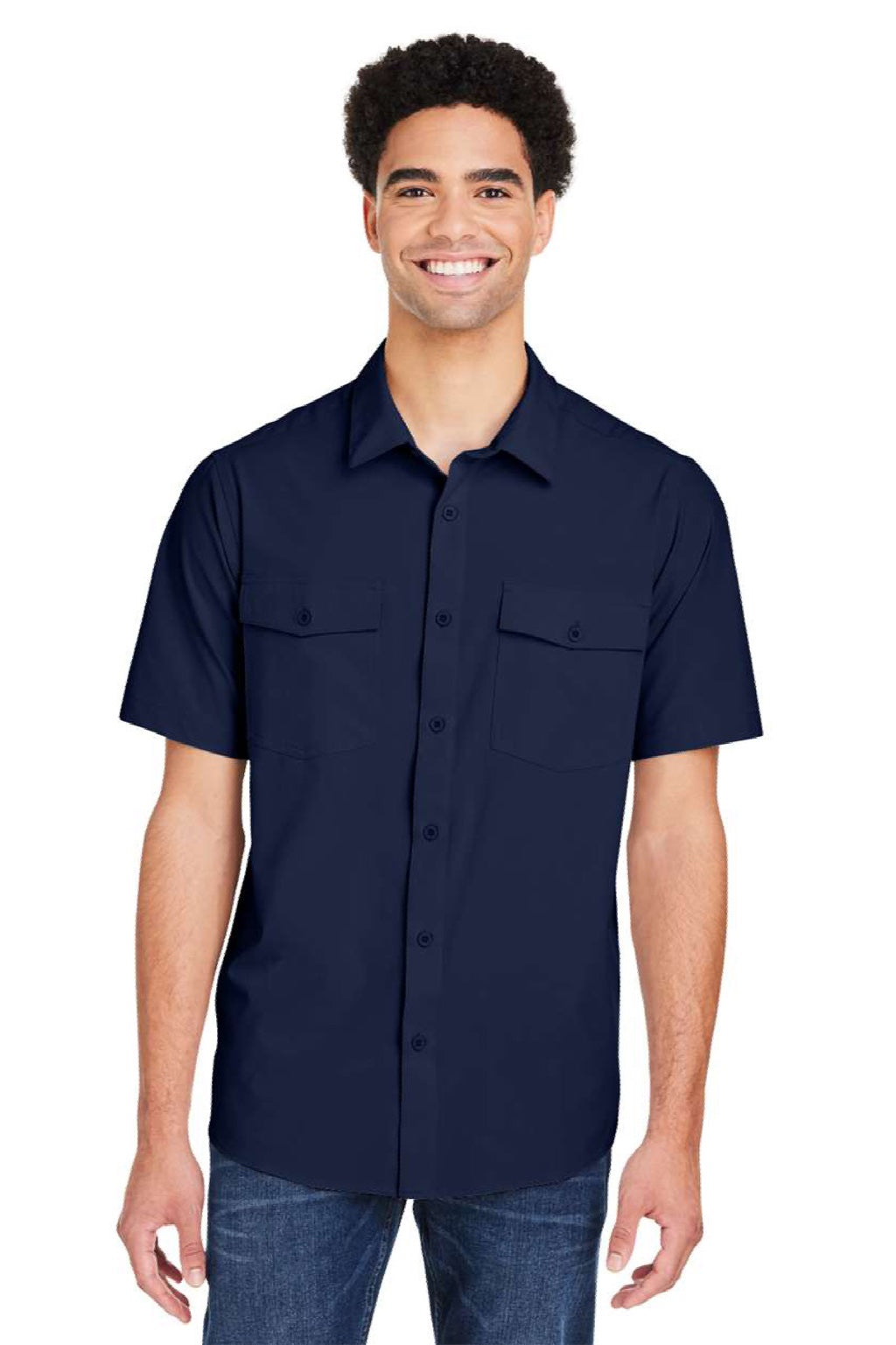 Core 365 CE510 Mens Ultra UVP Marina Short Sleeve Button Down Shirt w/ Double Pockets Classic Navy Blue Model Front