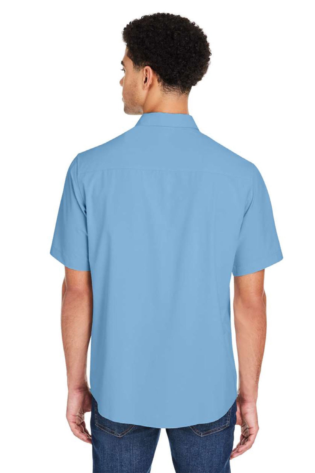 Core 365 CE510 Mens Ultra UVP Marina Short Sleeve Button Down Shirt w/ Double Pockets Columbia Blue Model Back