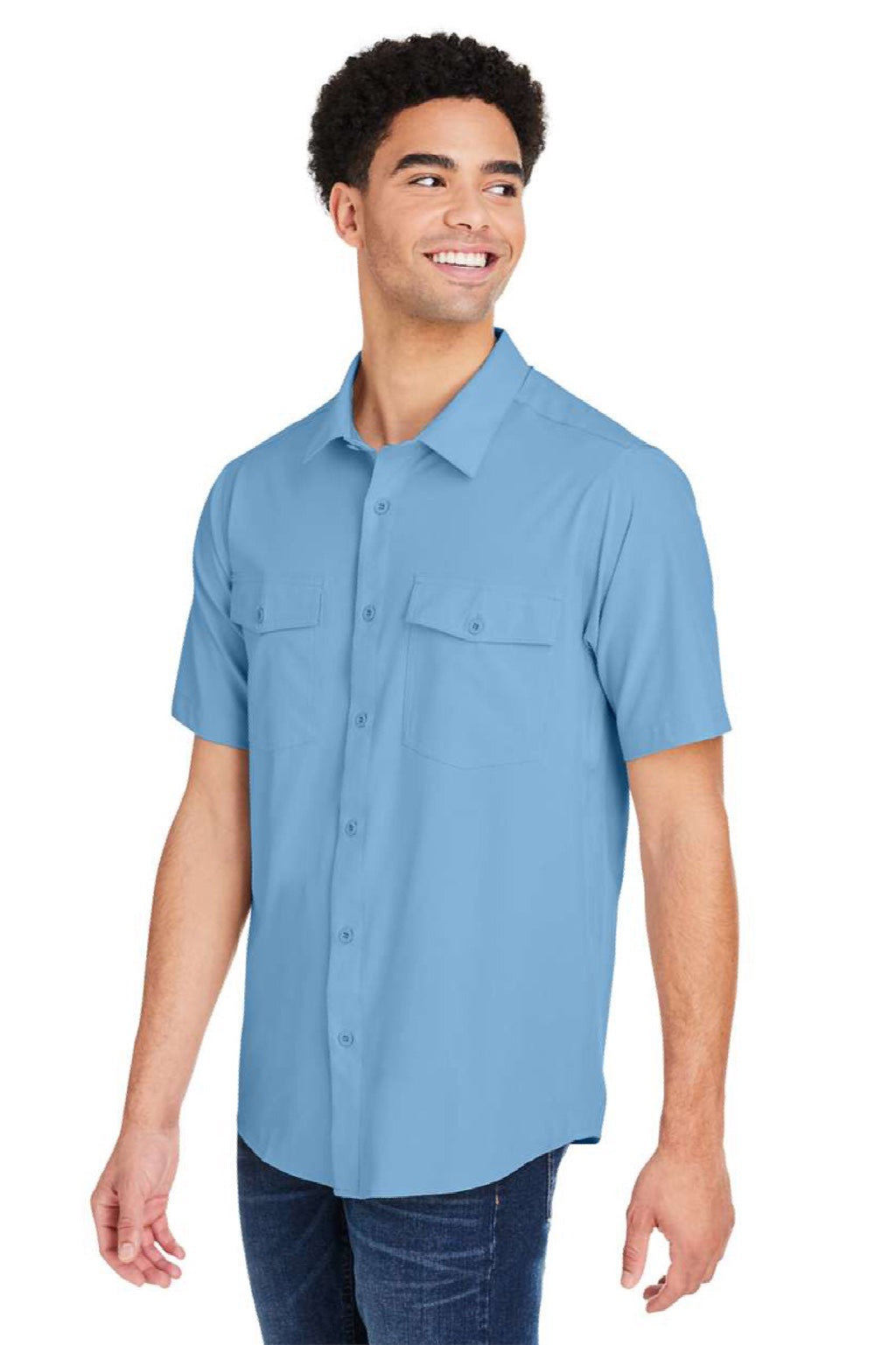Core 365 CE510 Mens Ultra UVP Marina Short Sleeve Button Down Shirt w/ Double Pockets Columbia Blue Model Front