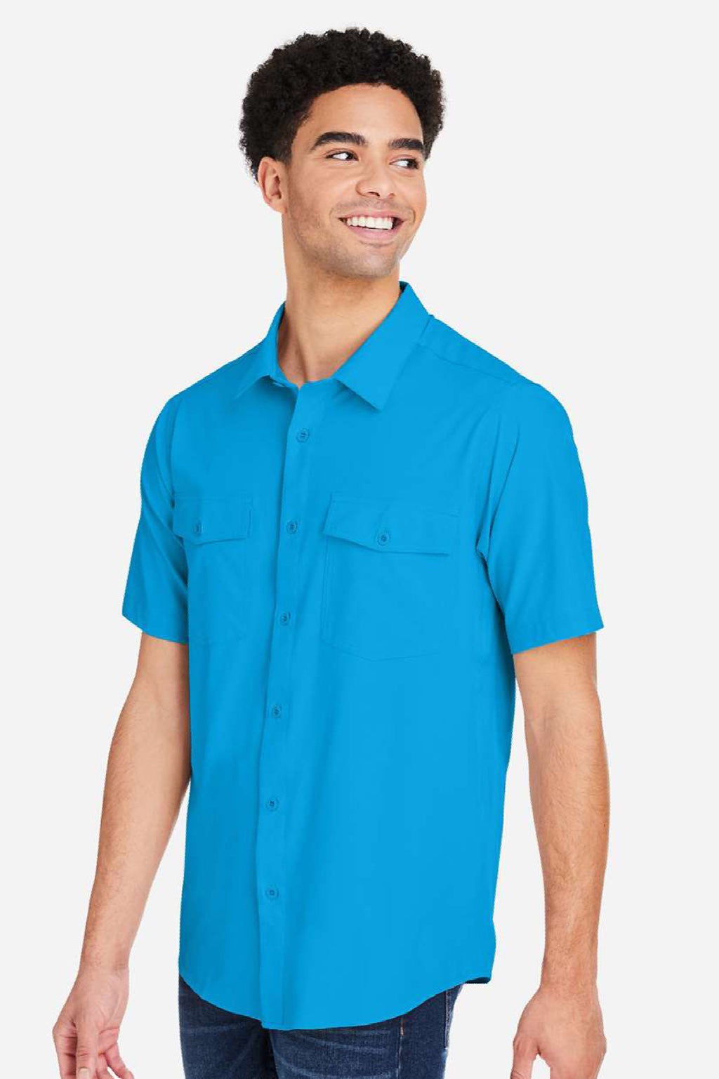 Core 365 CE510 Mens Ultra UVP Marina Short Sleeve Button Down Shirt w/ Double Pockets Electric Blue Model Side