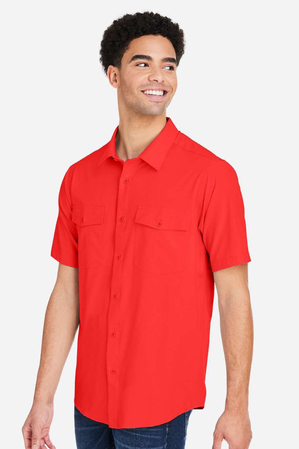 Core 365 CE510 Mens Ultra UVP Marina Short Sleeve Button Down Shirt w/ Double Pockets Marina Red Model Side