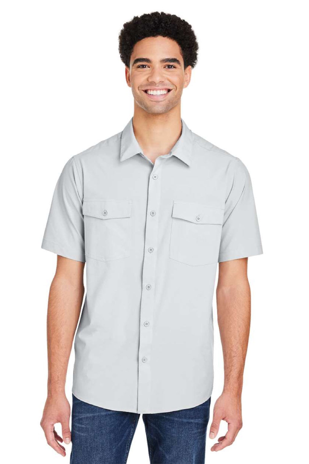 Core 365 CE510 Mens Ultra UVP Marina Short Sleeve Button Down Shirt w/ Double Pockets Platinum Grey Model Front