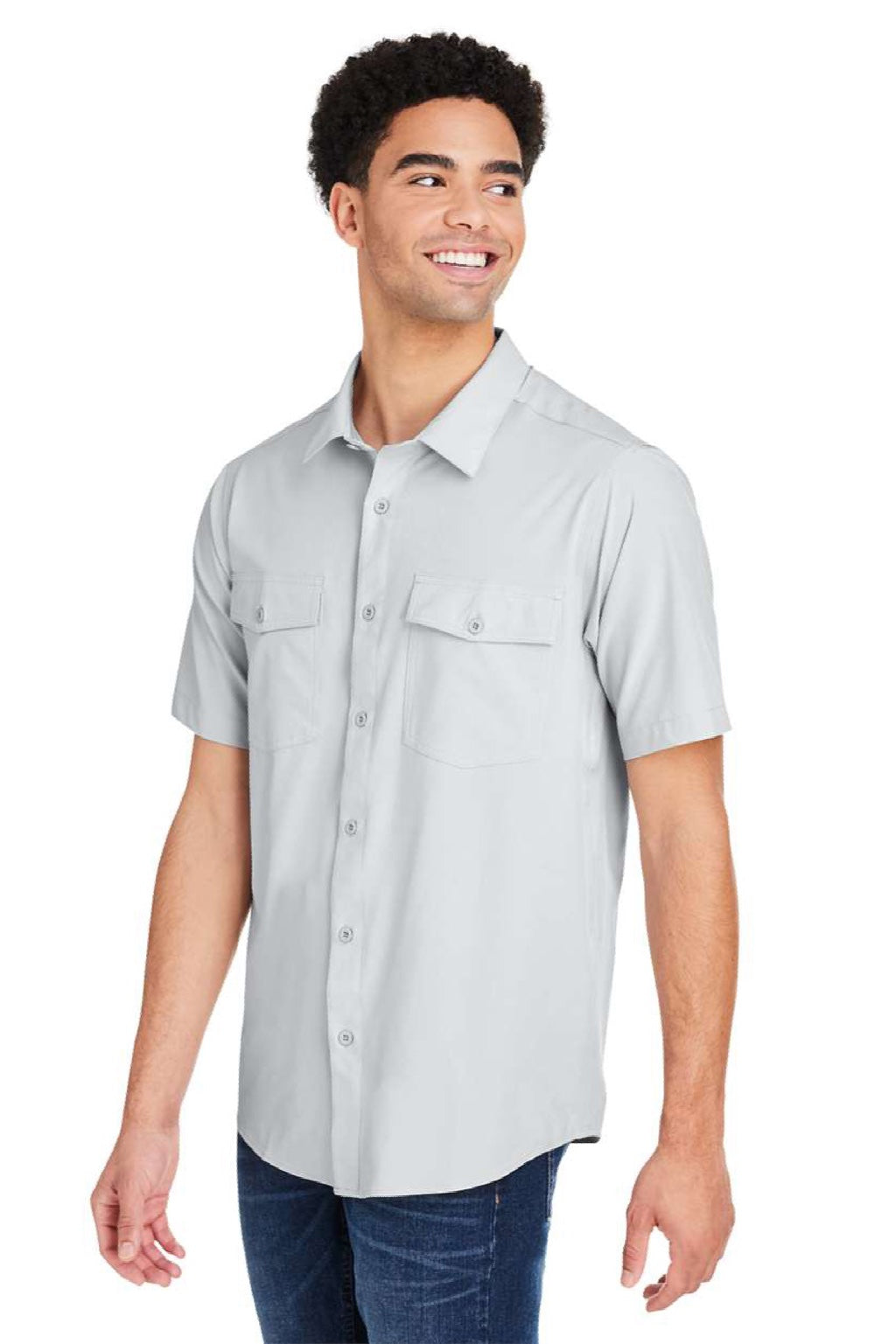 Core 365 CE510 Mens Ultra UVP Marina Short Sleeve Button Down Shirt w/ Double Pockets Platinum Grey Model Side
