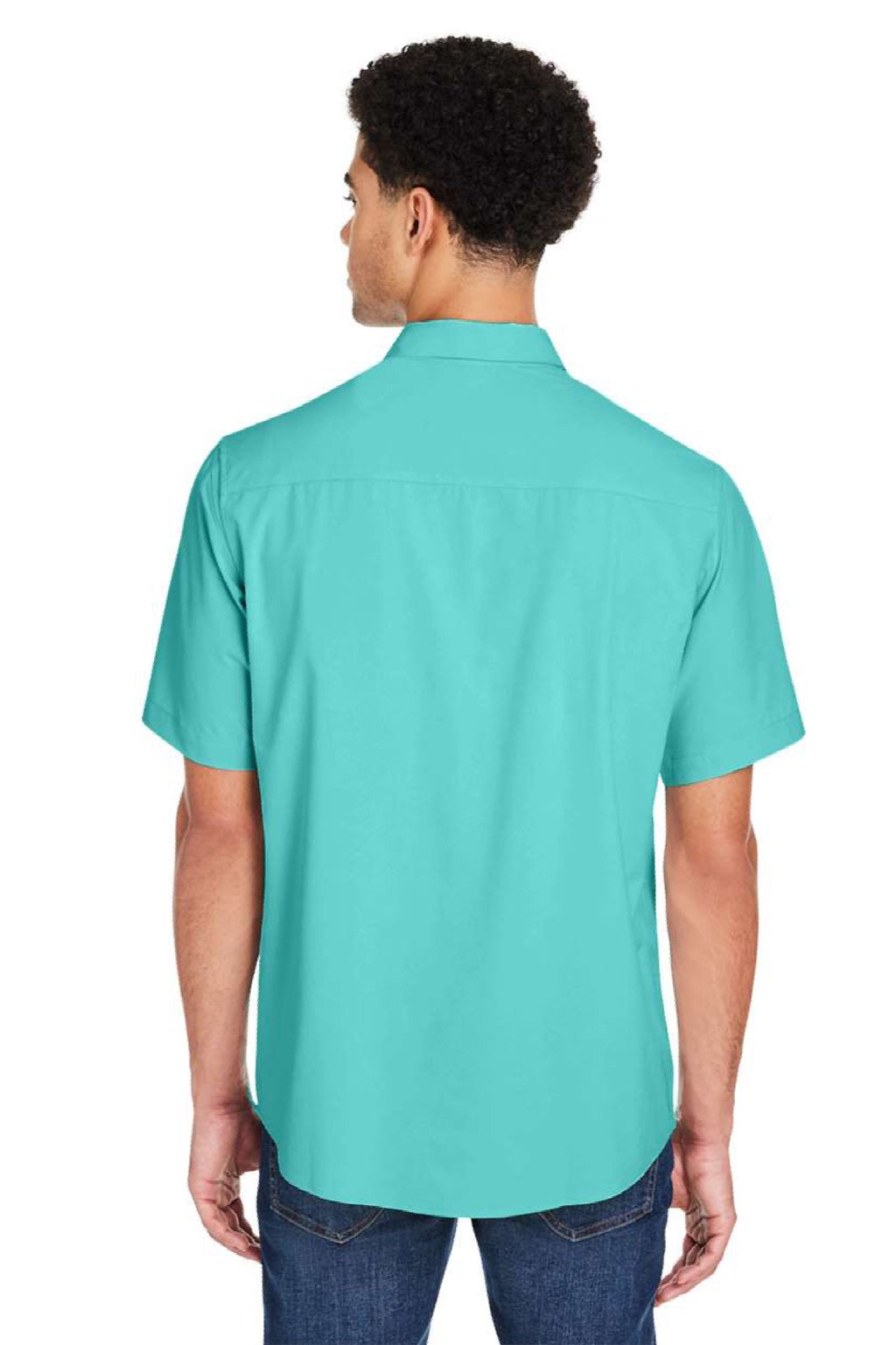 Core 365 CE510 Mens Ultra UVP Marina Short Sleeve Button Down Shirt w/ Double Pockets Sea Glass Blue Model Back