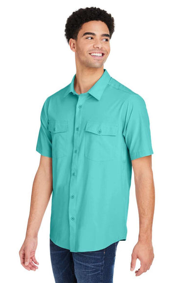 Core 365 CE510 Mens Ultra UVP Marina Short Sleeve Button Down Shirt w/ Double Pockets Sea Glass Blue Model Front