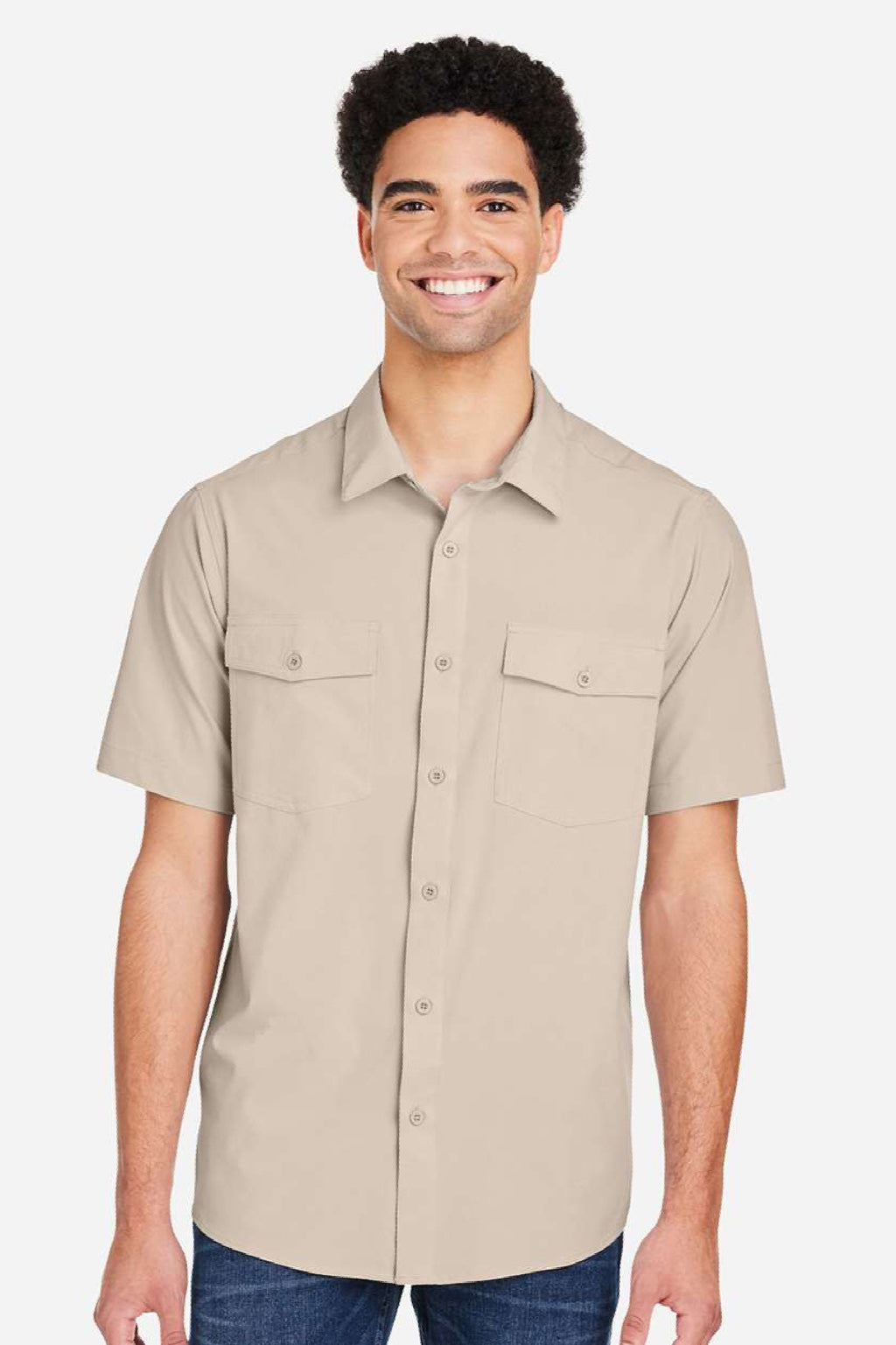 Core 365 CE510 Mens Ultra UVP Marina Short Sleeve Button Down Shirt w/ Double Pockets Stone Brown Model Front