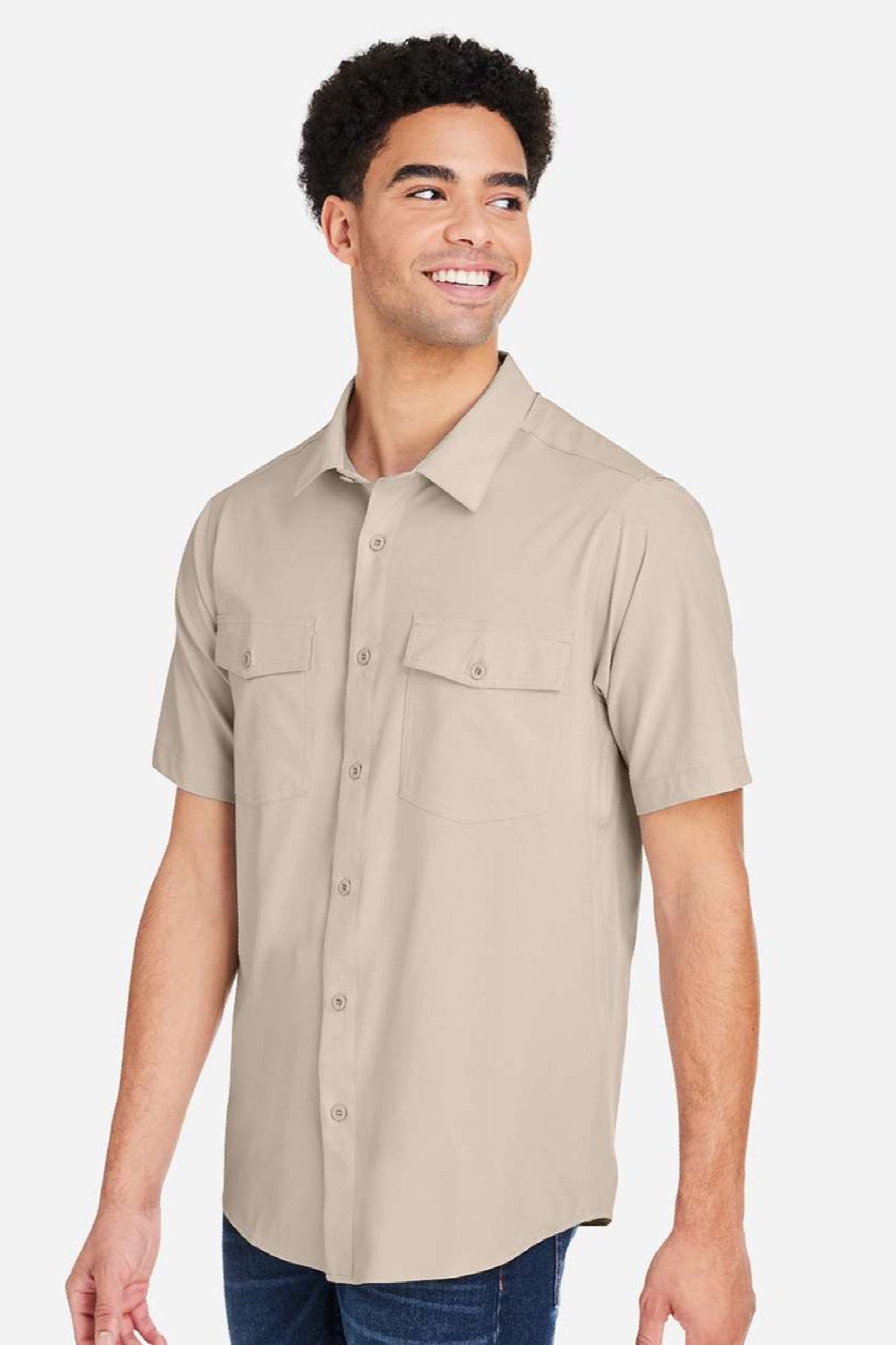 Core 365 CE510 Mens Ultra UVP Marina Short Sleeve Button Down Shirt w/ Double Pockets Stone Brown Model Side