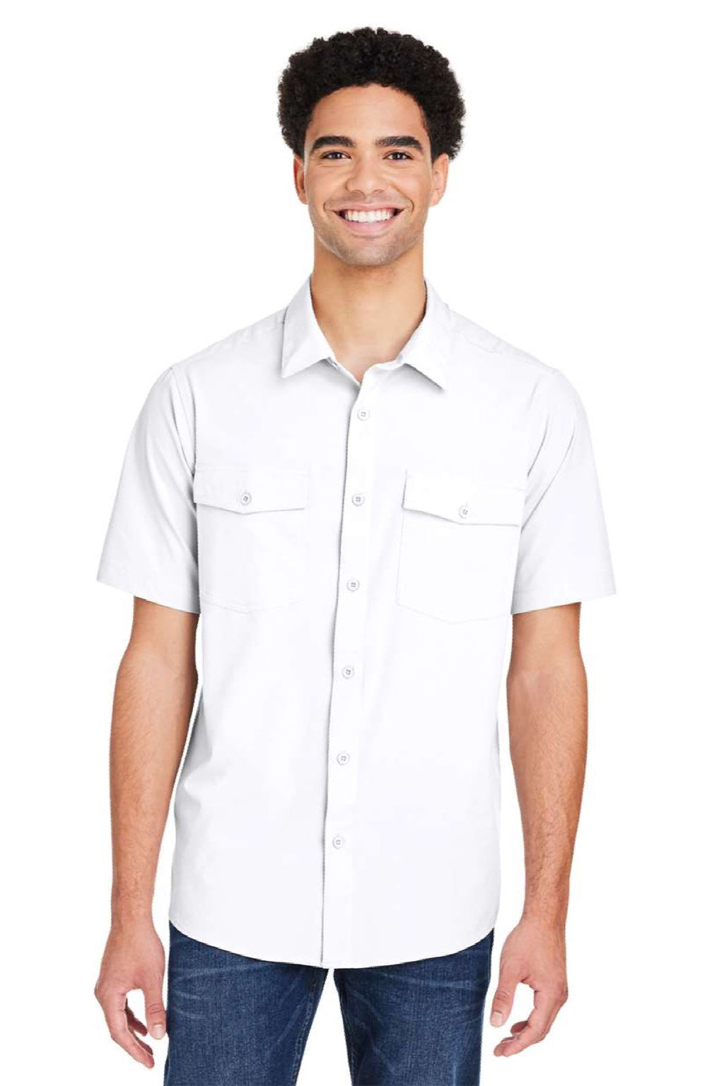 Core 365 CE510 Mens Ultra UVP Marina Short Sleeve Button Down Shirt w/ Double Pockets White Model Front