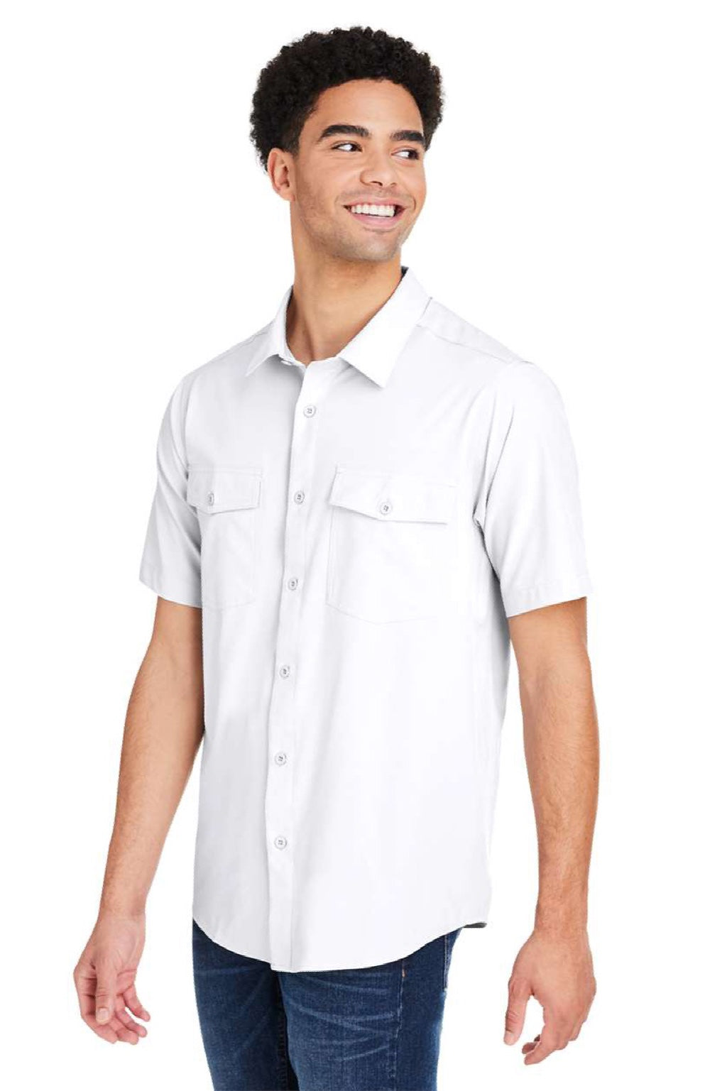 Core 365 CE510 Mens Ultra UVP Marina Short Sleeve Button Down Shirt w/ Double Pockets White Model Side