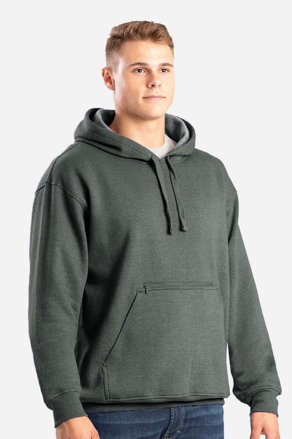 Berne SP418 Mens Heritage Hooded Sweatshirt Hoodie w/ Zipper Pocket Graphite Grey Model Front