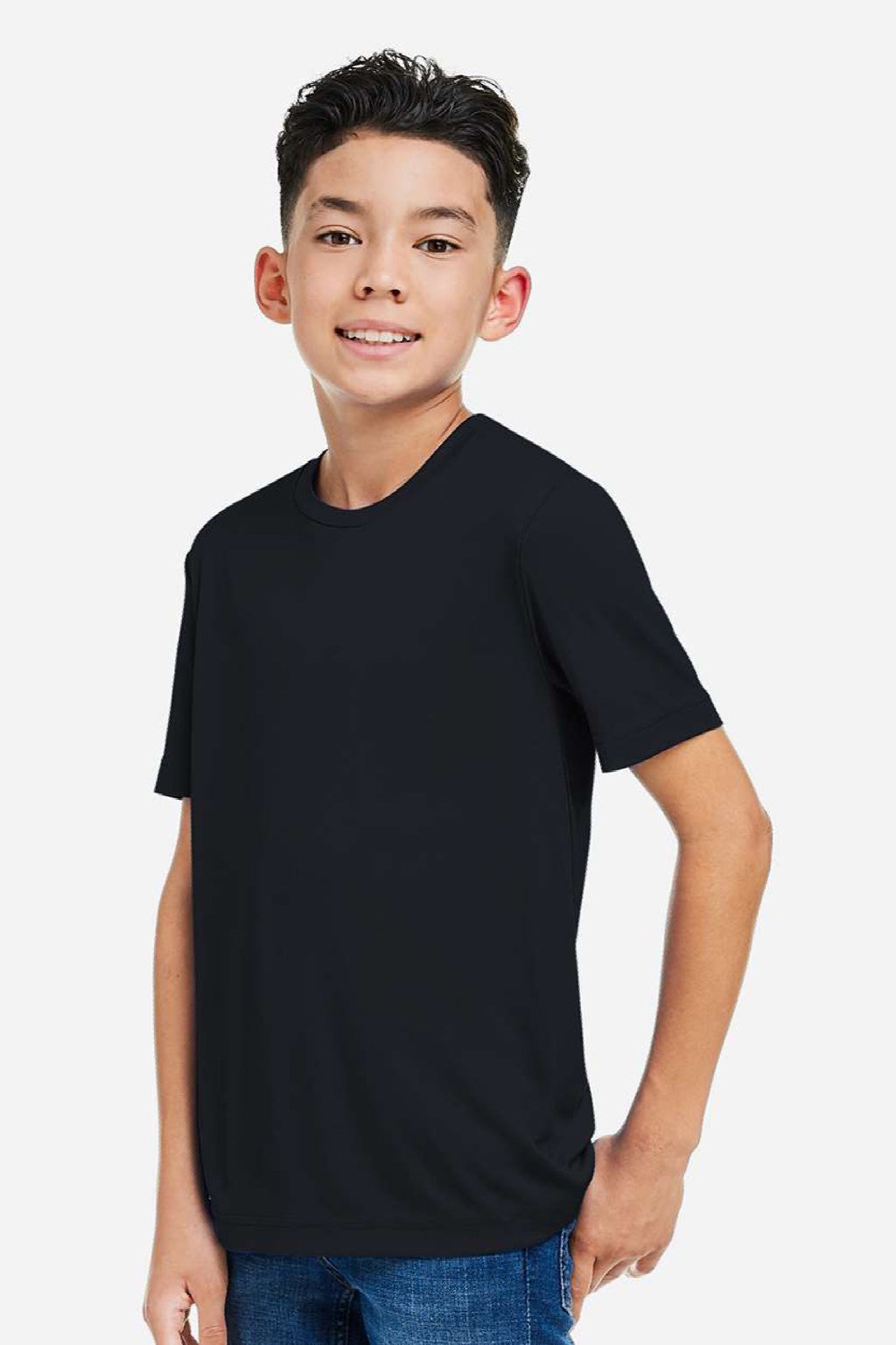 Core 365 CE10Y Youth Capital Performance Short Sleeve Crewneck T-Shirt Black Model Side