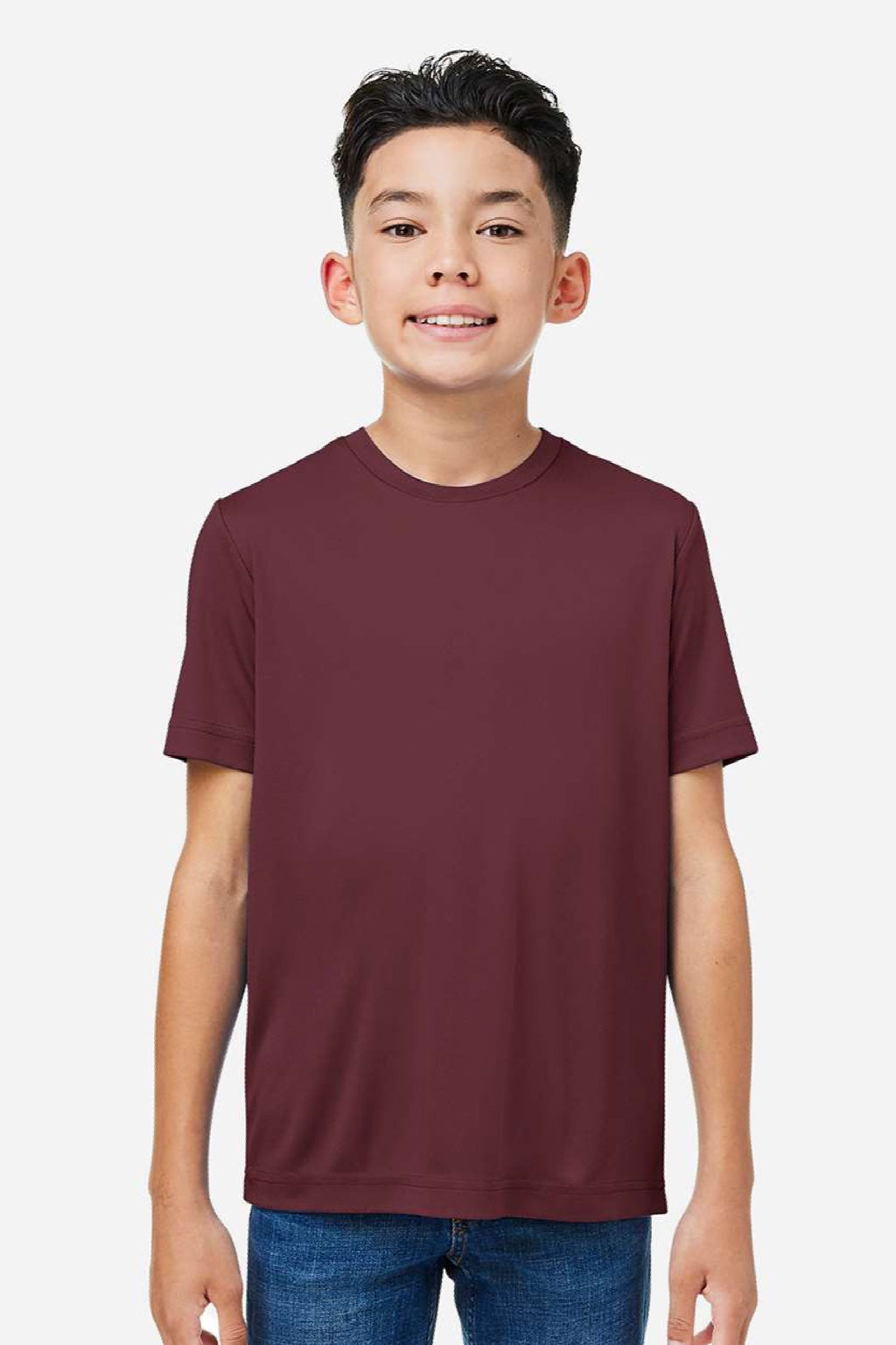 Core 365 CE10Y Youth Capital Performance Short Sleeve Crewneck T-Shirt Burgundy Model Front
