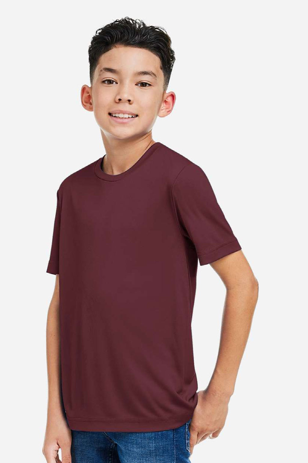 Core 365 CE10Y Youth Capital Performance Short Sleeve Crewneck T-Shirt Burgundy Model Side