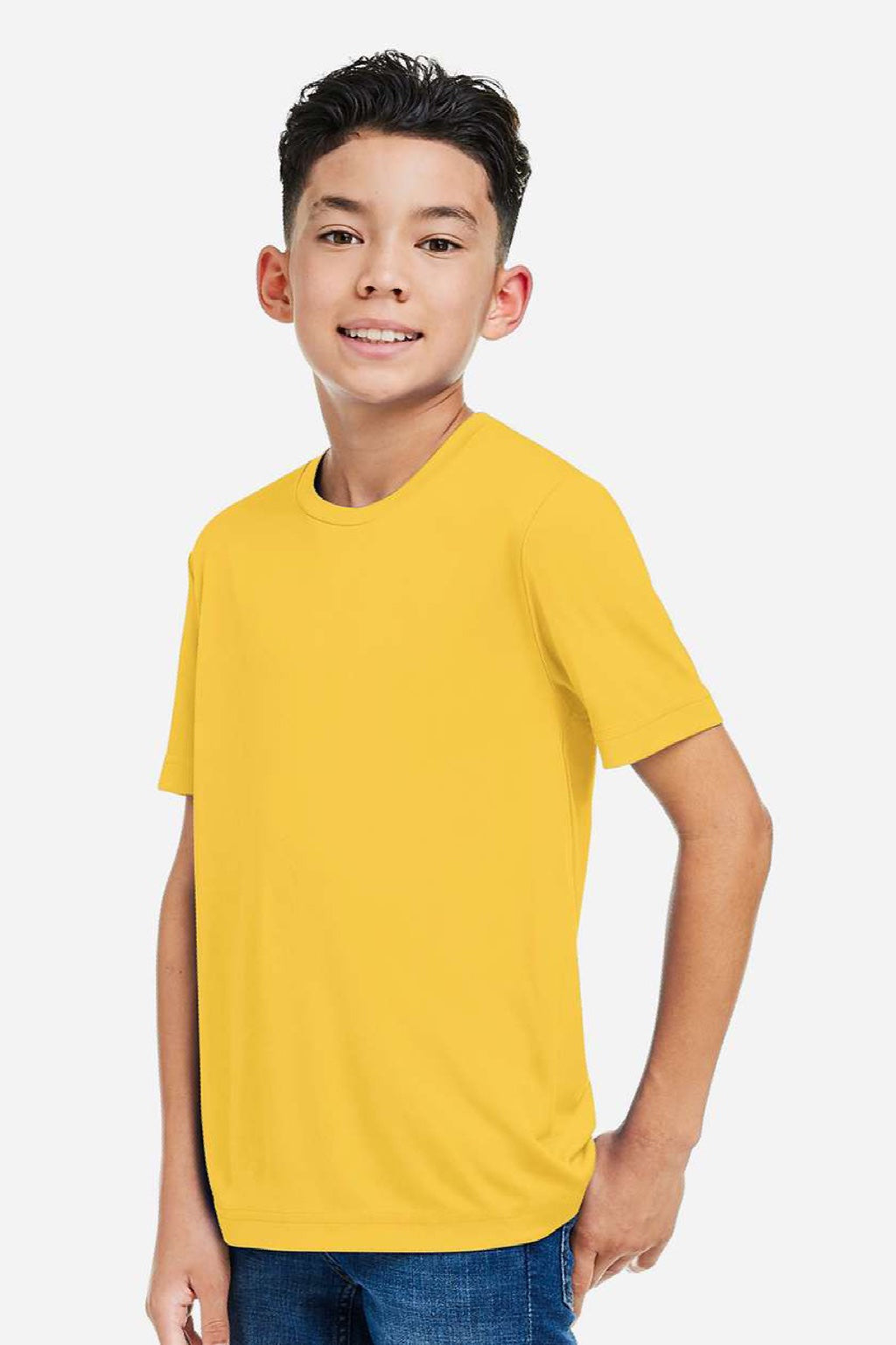 Core 365 CE10Y Youth Capital Performance Short Sleeve Crewneck T-Shirt Campus Gold Model Side