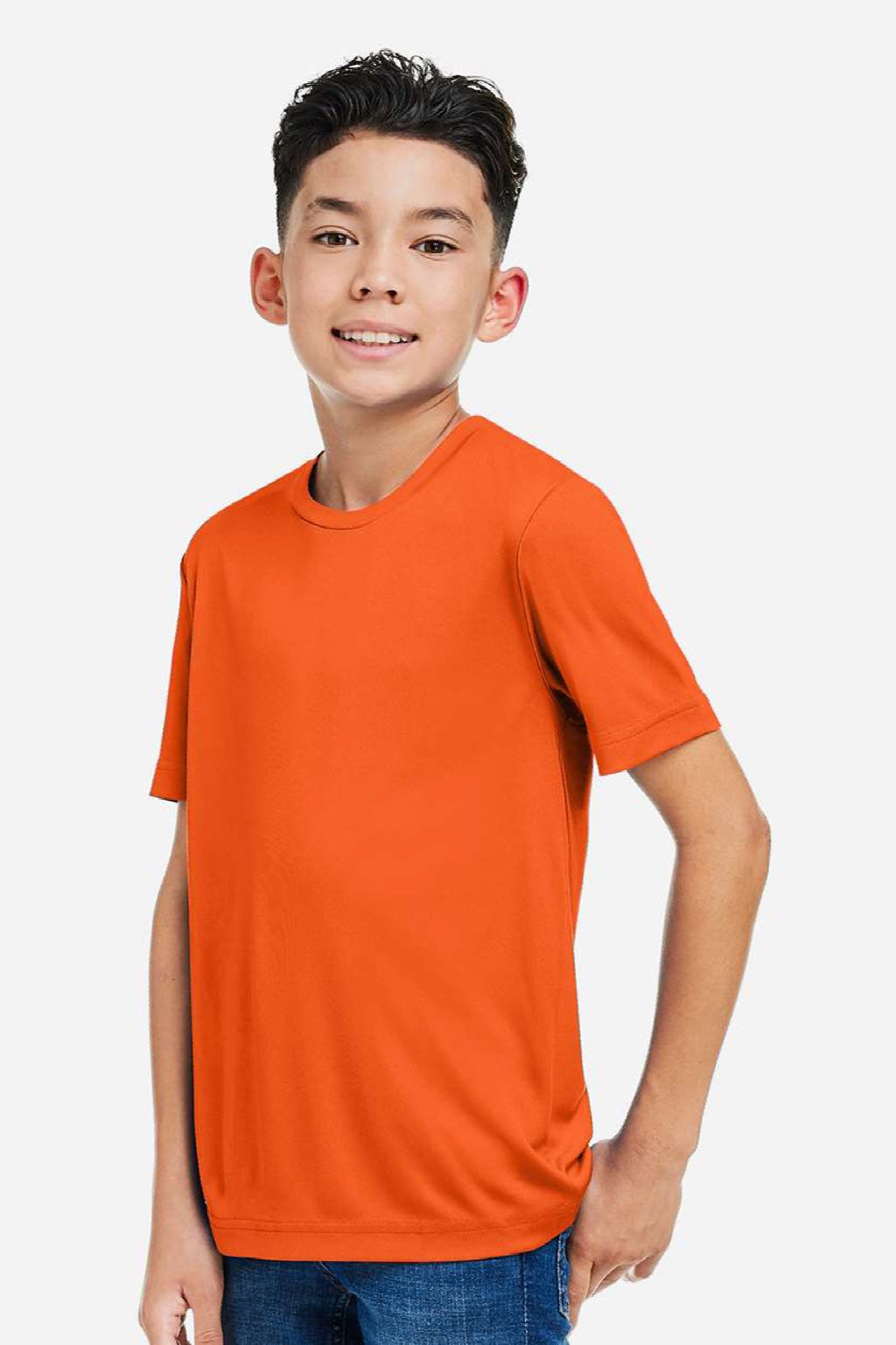 Core 365 CE10Y Youth Capital Performance Short Sleeve Crewneck T-Shirt Campus Orange Model Side