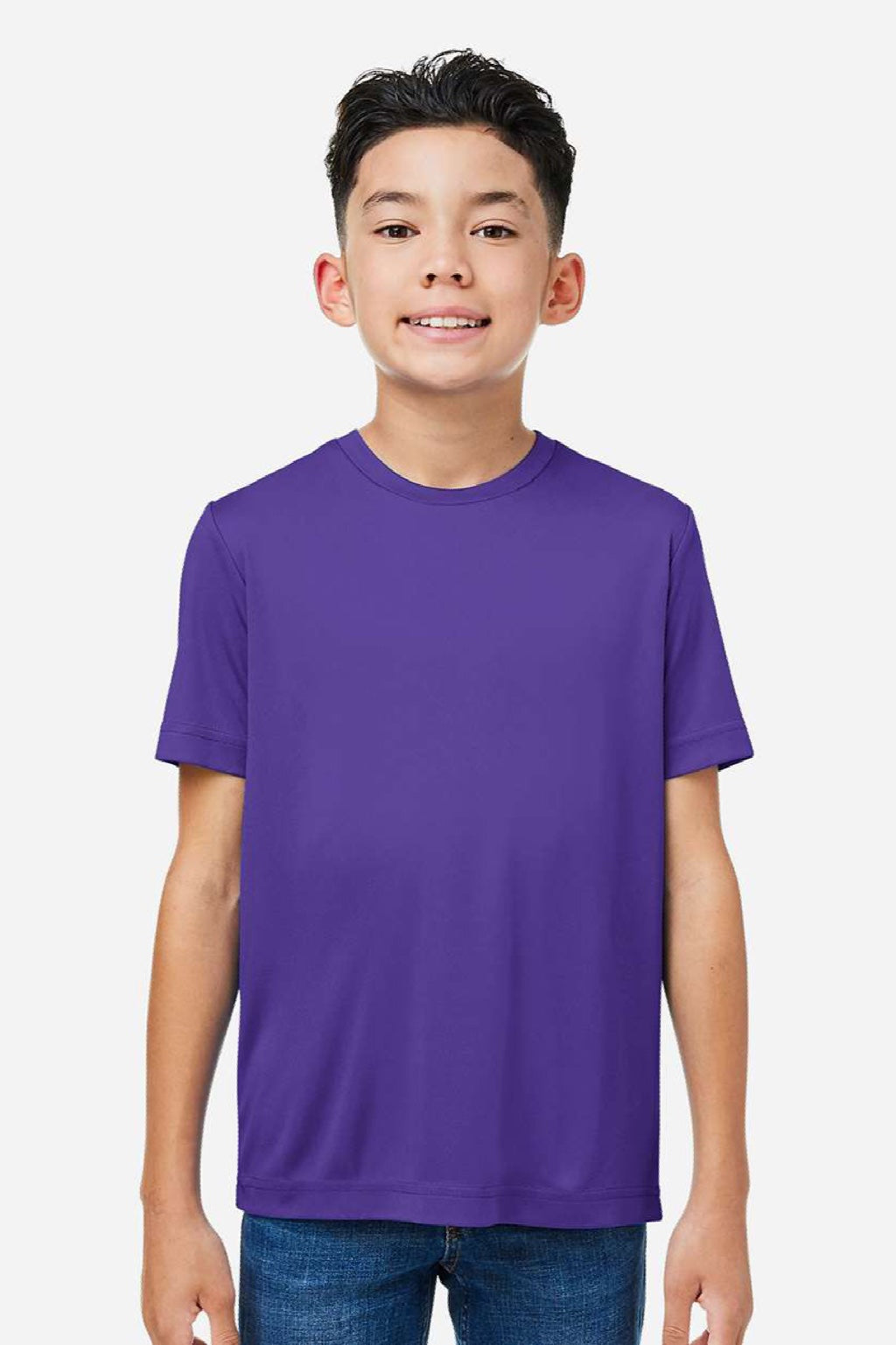 Core 365 CE10Y Youth Capital Performance Short Sleeve Crewneck T-Shirt Campus Purple Model Front