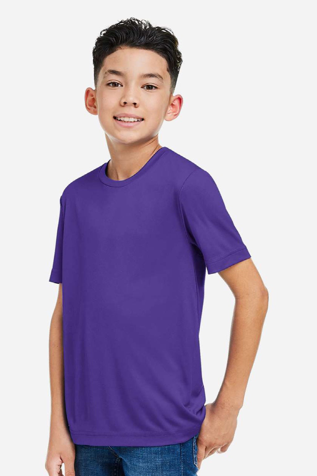 Core 365 CE10Y Youth Capital Performance Short Sleeve Crewneck T-Shirt Campus Purple Model Side
