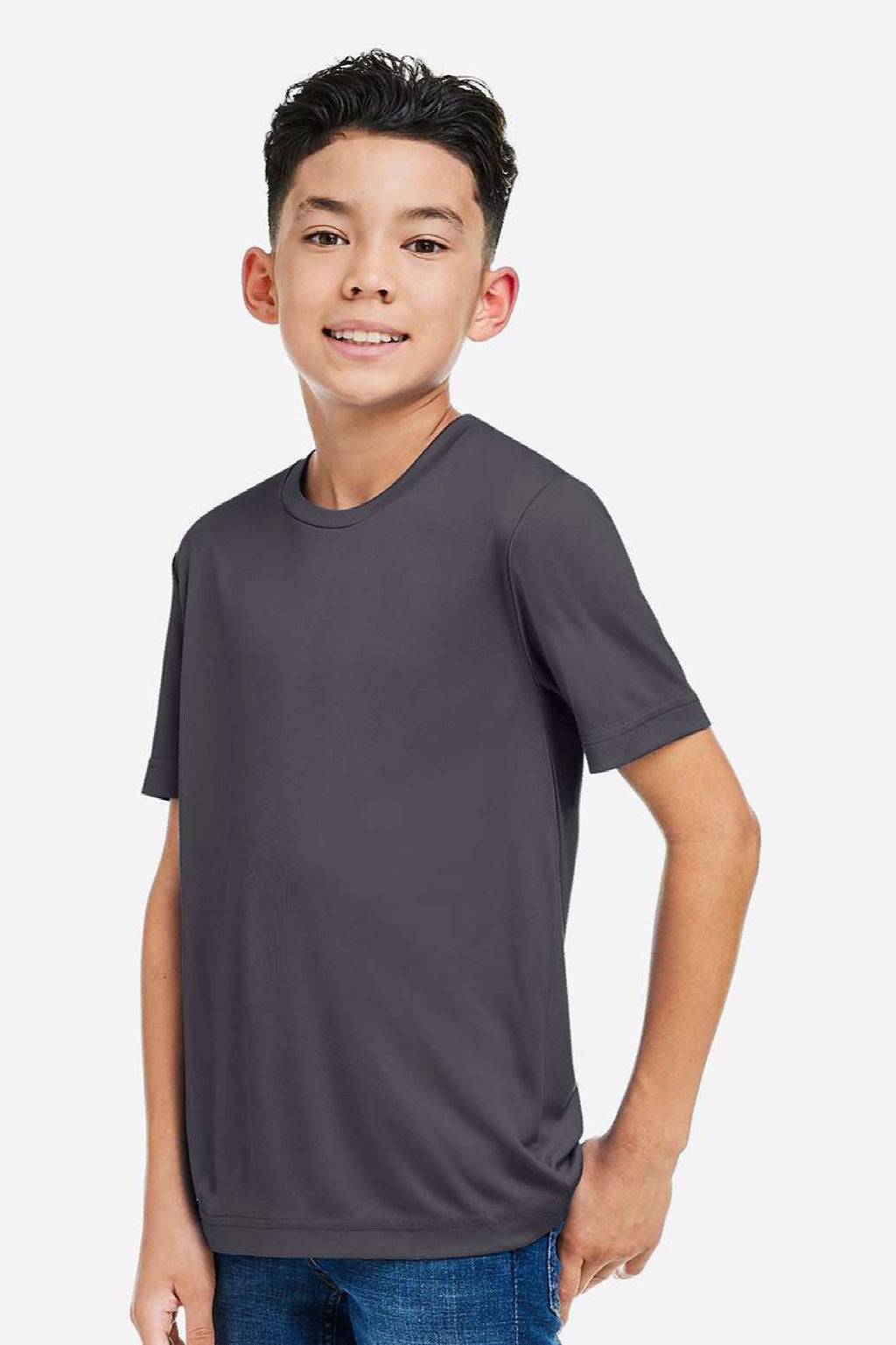 Core 365 CE10Y Youth Capital Performance Short Sleeve Crewneck T-Shirt Carbon Grey Model Side