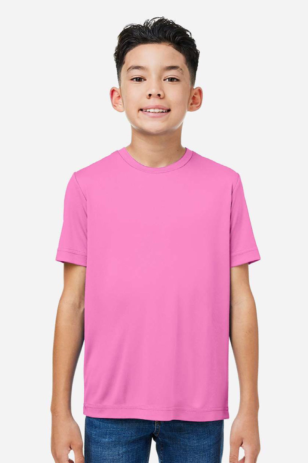 Core 365 CE10Y Youth Capital Performance Short Sleeve Crewneck T-Shirt Charity Pink Model Front
