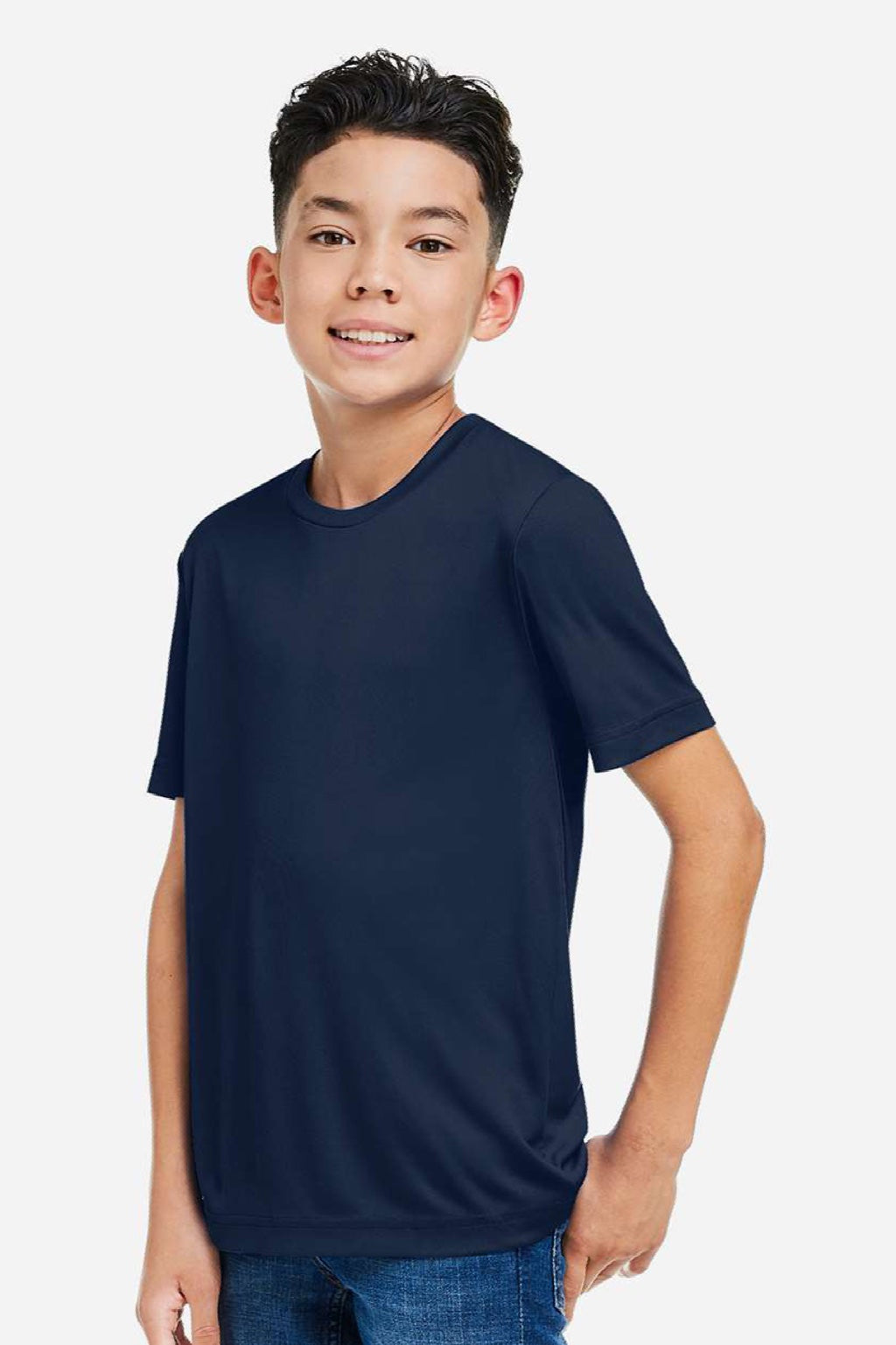 Core 365 CE10Y Youth Capital Performance Short Sleeve Crewneck T-Shirt Classic Navy Blue Model Side