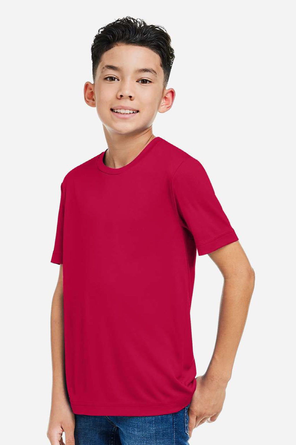 Core 365 CE10Y Youth Capital Performance Short Sleeve Crewneck T-Shirt Classic Red Model Side