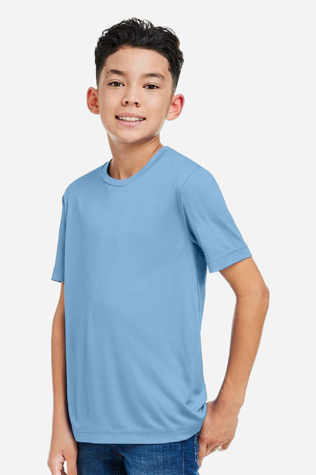 Core 365 CE10Y Youth Capital Performance Short Sleeve Crewneck T-Shirt Columbia Blue Model Side