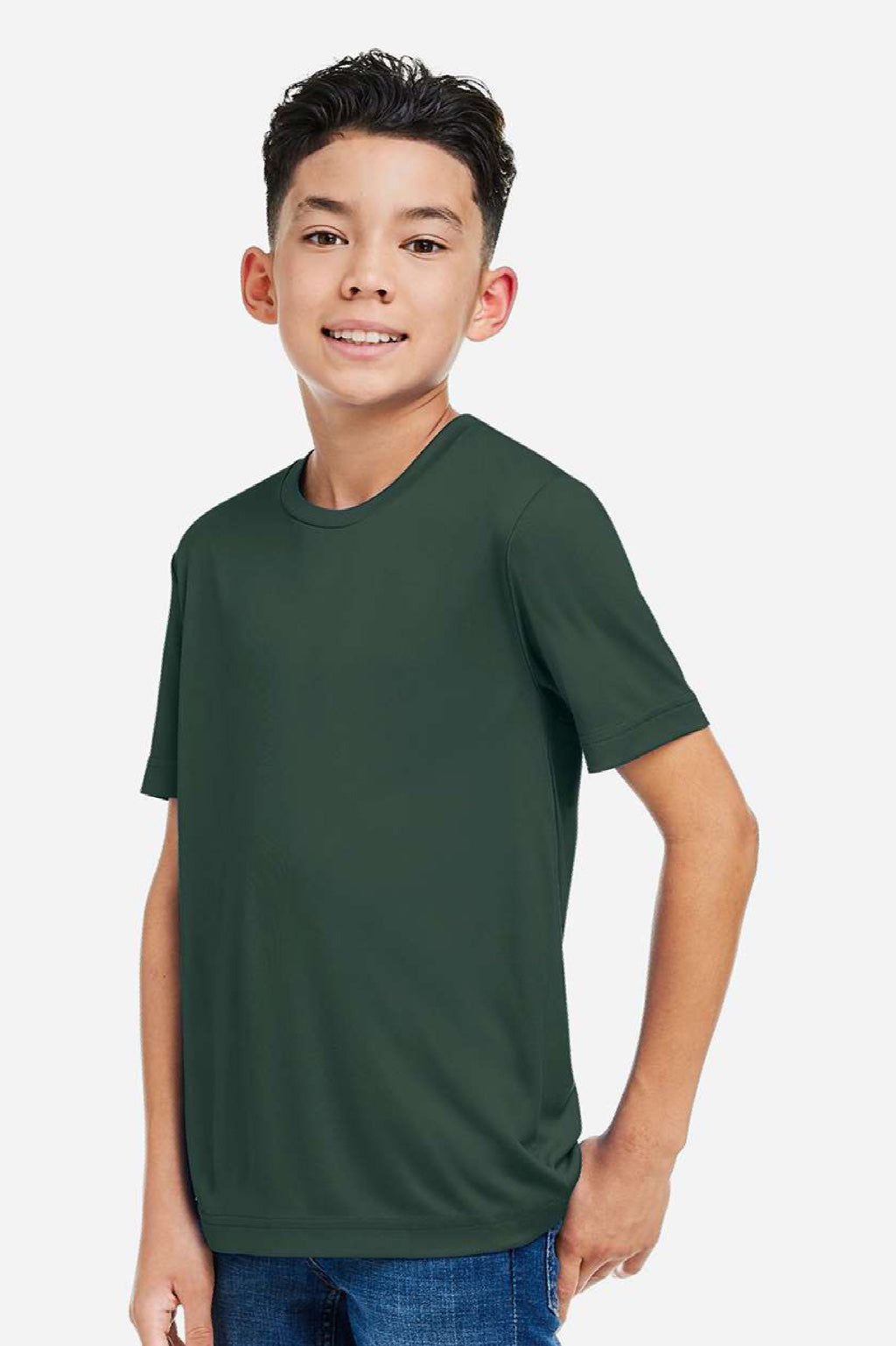 Core 365 CE10Y Youth Capital Performance Short Sleeve Crewneck T-Shirt Forest Green Model Side