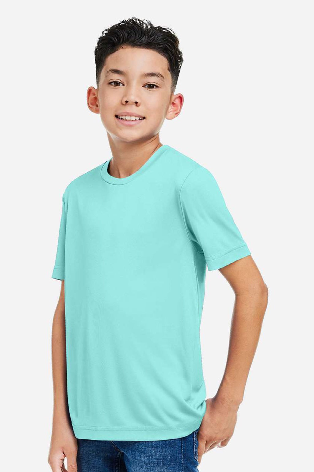 Core 365 CE10Y Youth Capital Performance Short Sleeve Crewneck T-Shirt Sea Glass Blue Model Side