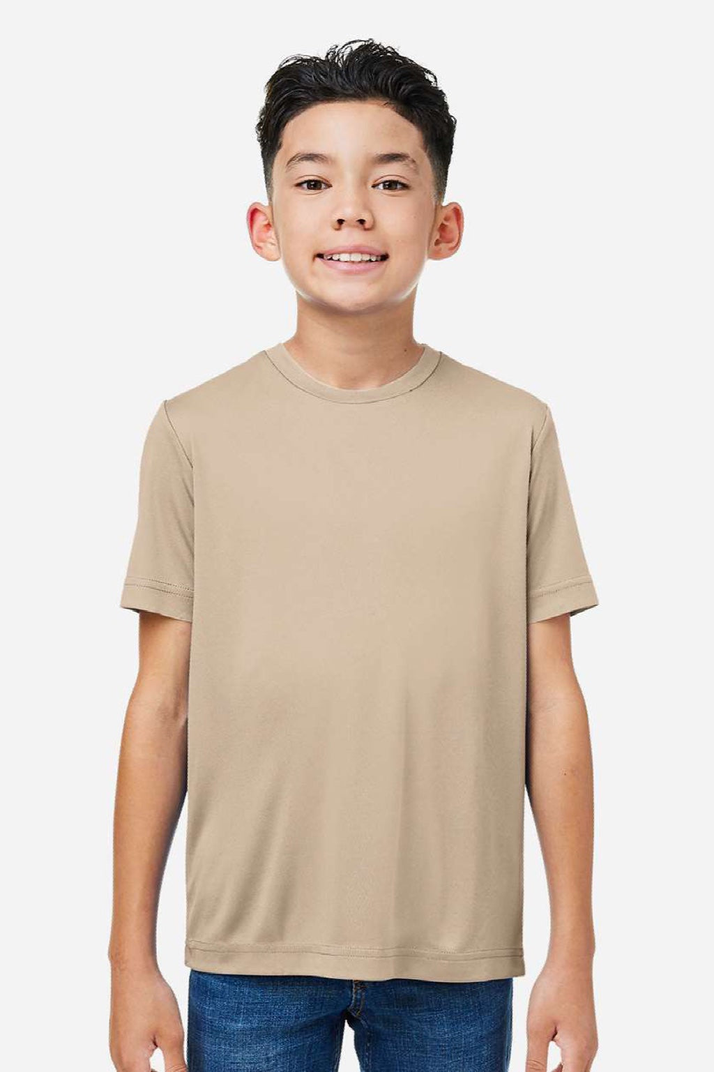 Core 365 CE10Y Youth Capital Performance Short Sleeve Crewneck T-Shirt Stone Brown Model Front