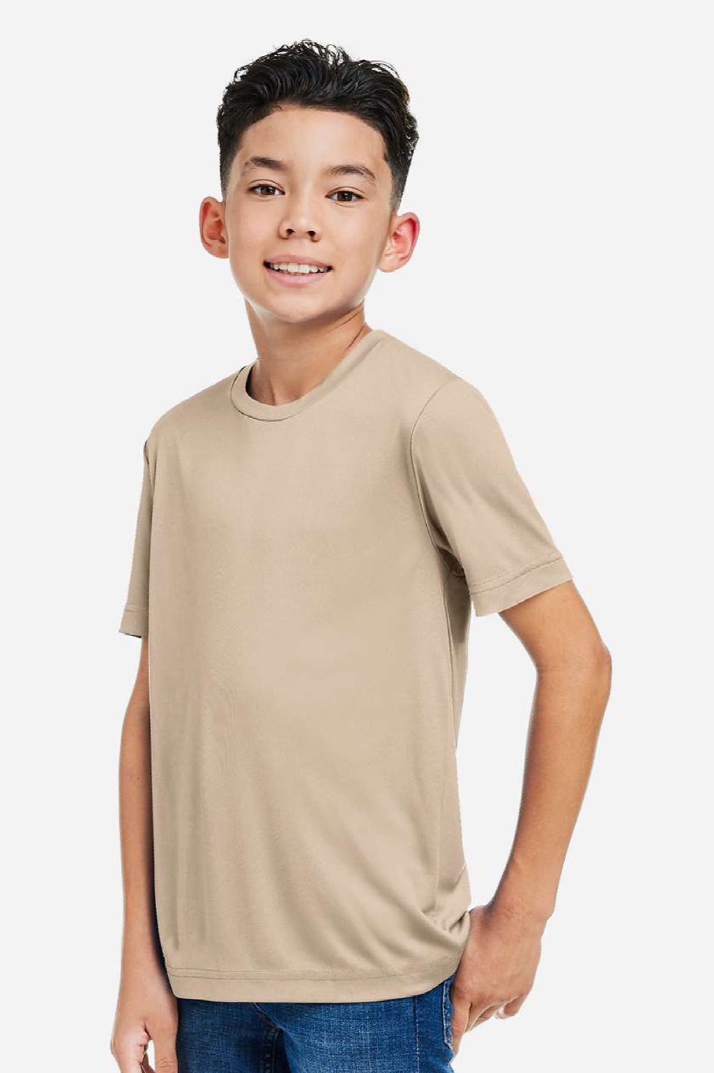 Core 365 CE10Y Youth Capital Performance Short Sleeve Crewneck T-Shirt Stone Brown Model Side