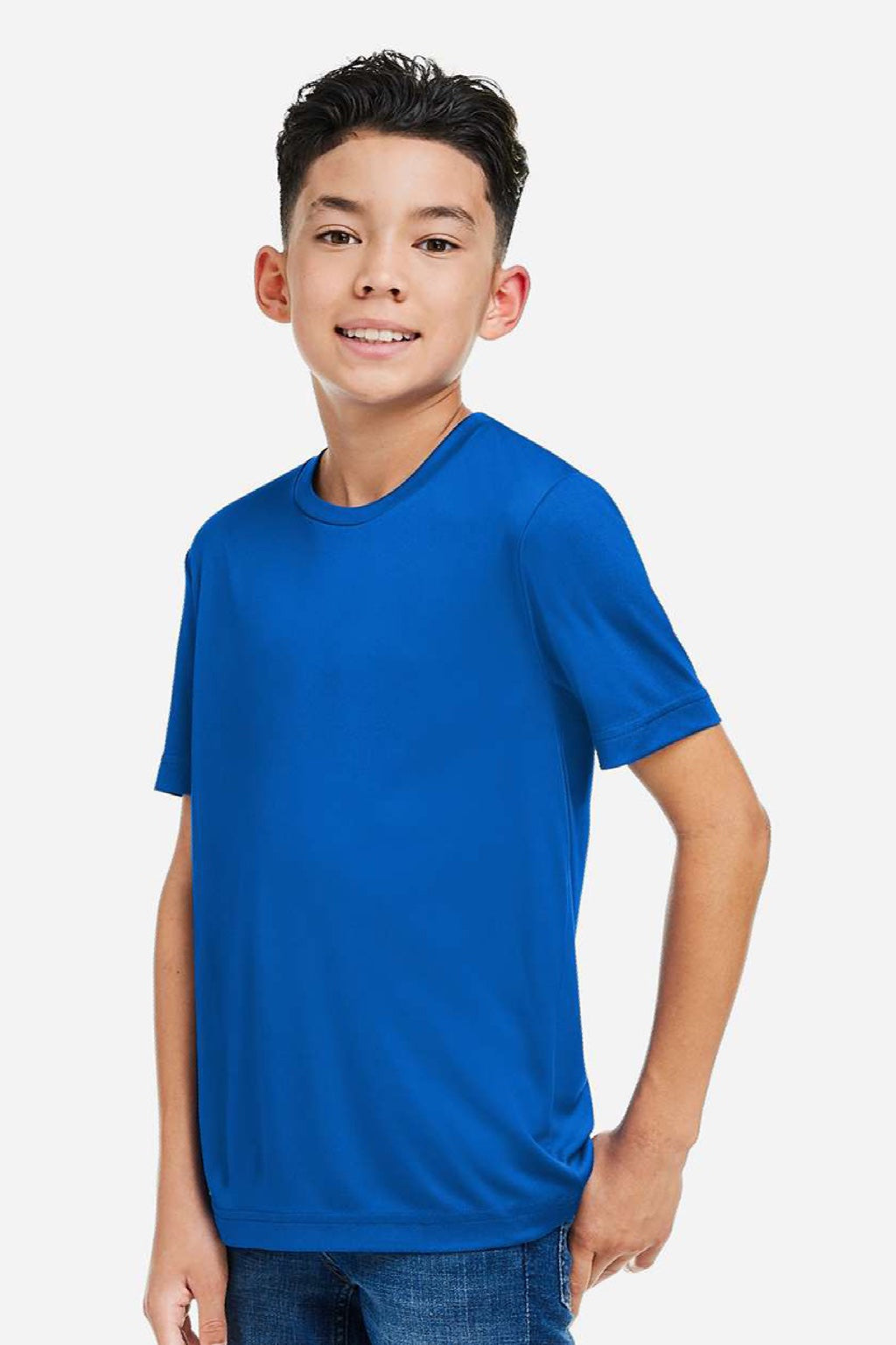 Core 365 CE10Y Youth Capital Performance Short Sleeve Crewneck T-Shirt True Royal Blue Model Side