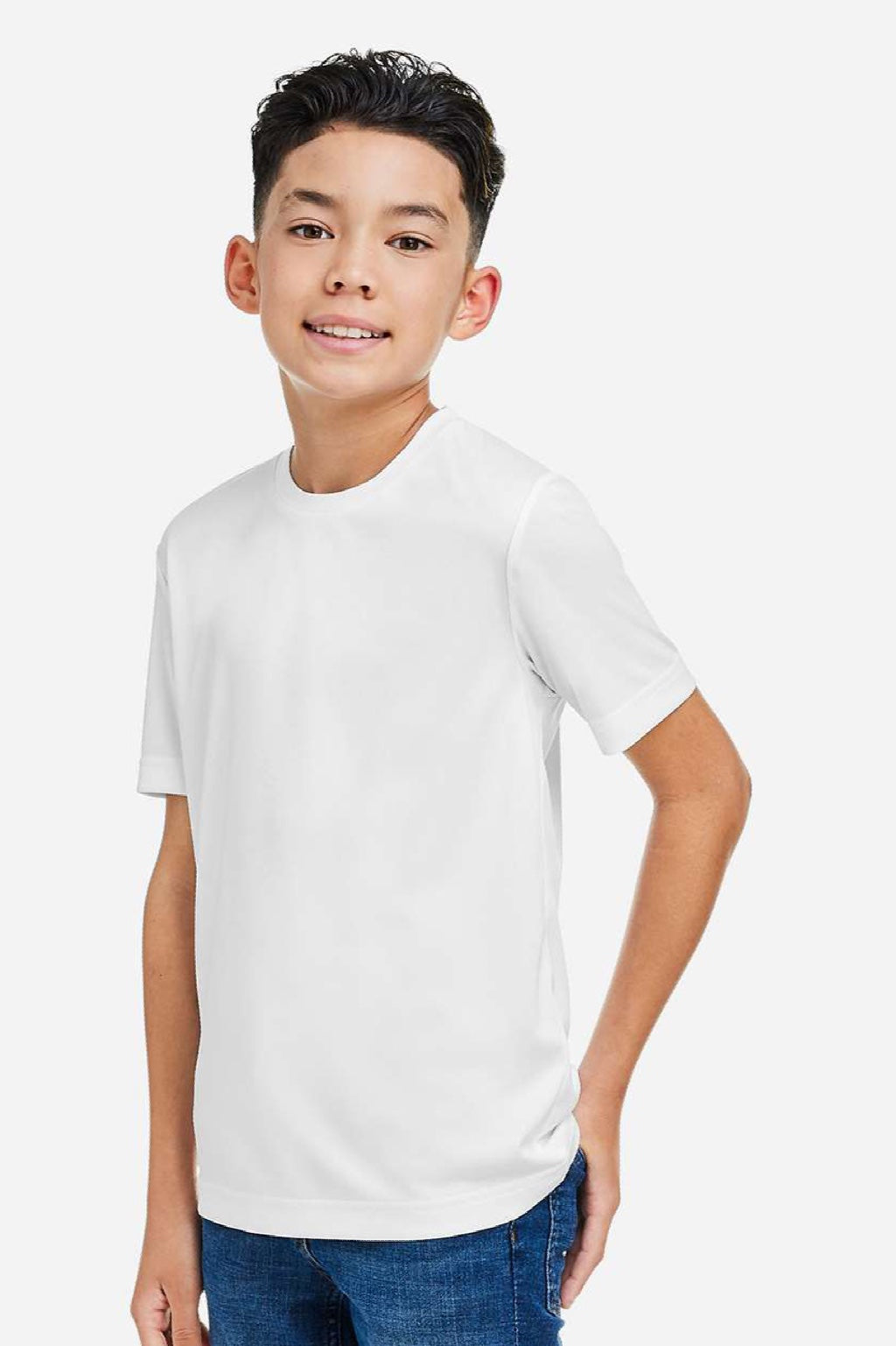 Core 365 CE10Y Youth Capital Performance Short Sleeve Crewneck T-Shirt White Model Side