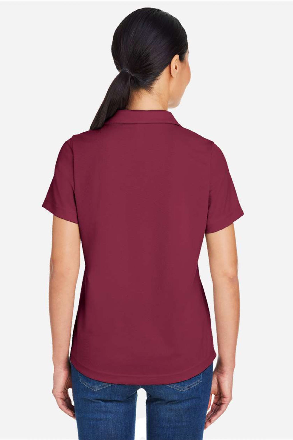 Core 365 CE104W Womens Market Snag Resistant Mesh Short Sleeve Polo Shirt Burgundy Model Back