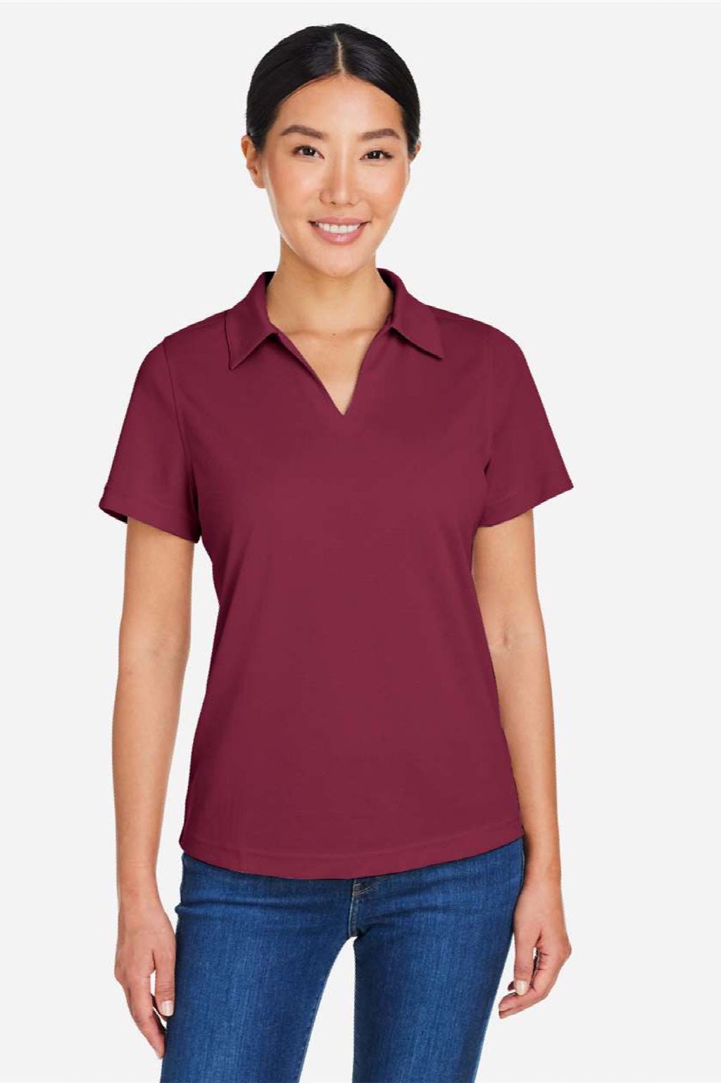 Core 365 CE104W Womens Market Snag Resistant Mesh Short Sleeve Polo Shirt Burgundy Model Front
