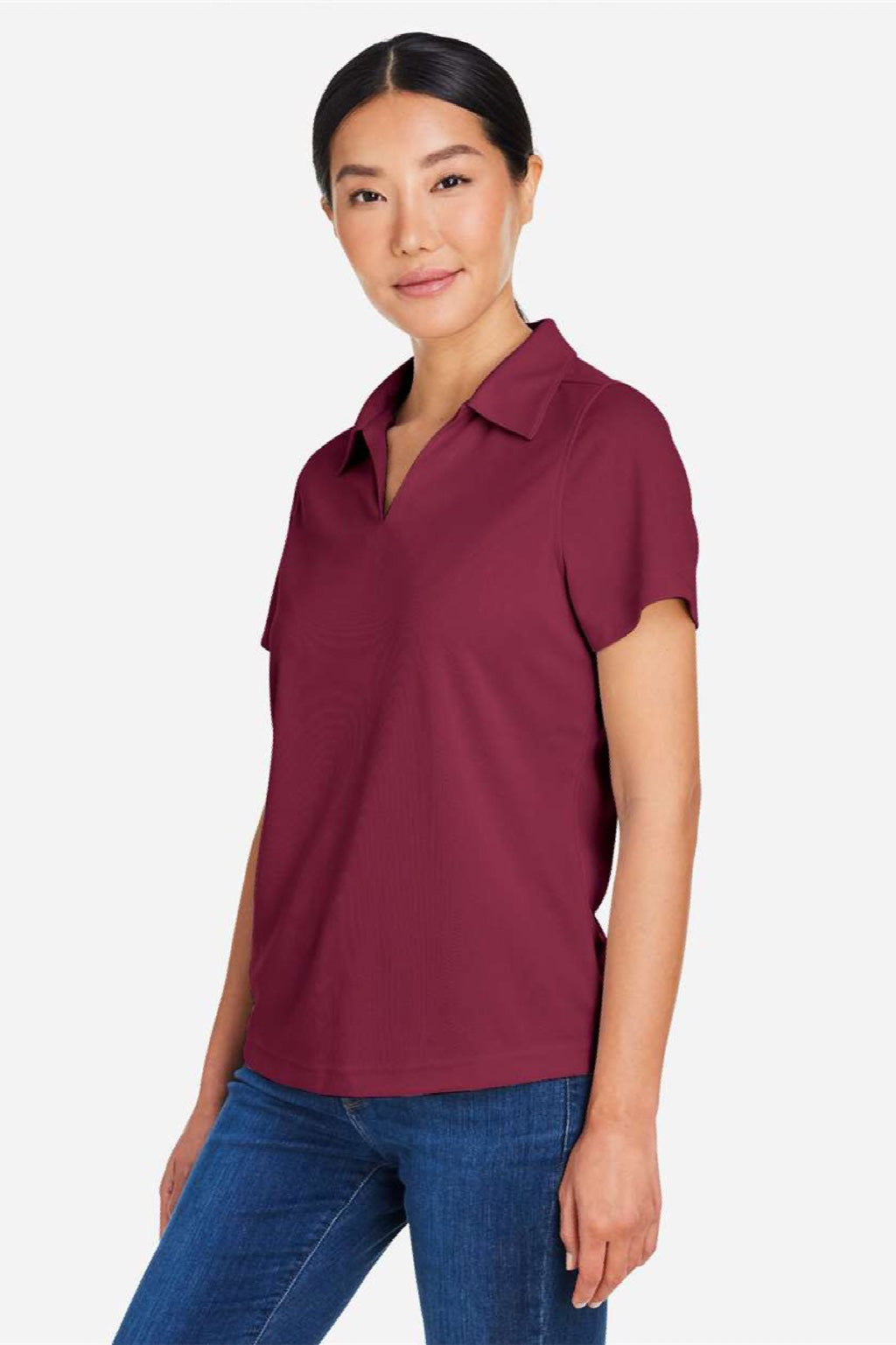 Core 365 CE104W Womens Market Snag Resistant Mesh Short Sleeve Polo Shirt Burgundy Model Side