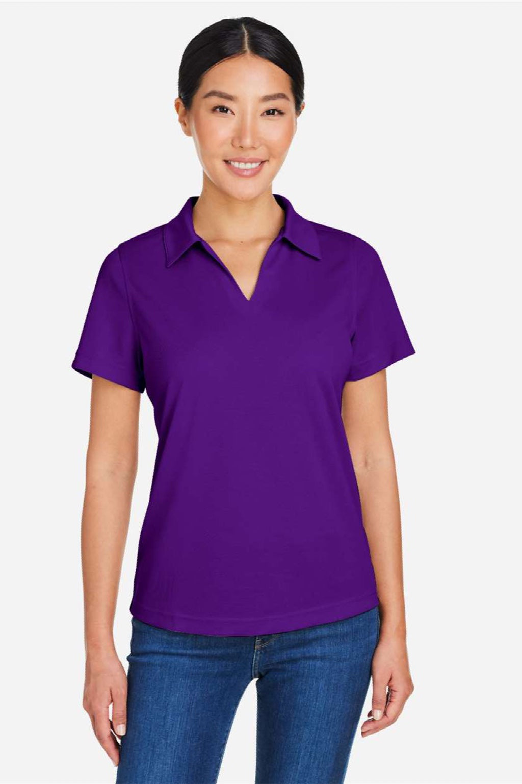 Core 365 CE104W Womens Market Snag Resistant Mesh Short Sleeve Polo Shirt Campus Purple Model Front