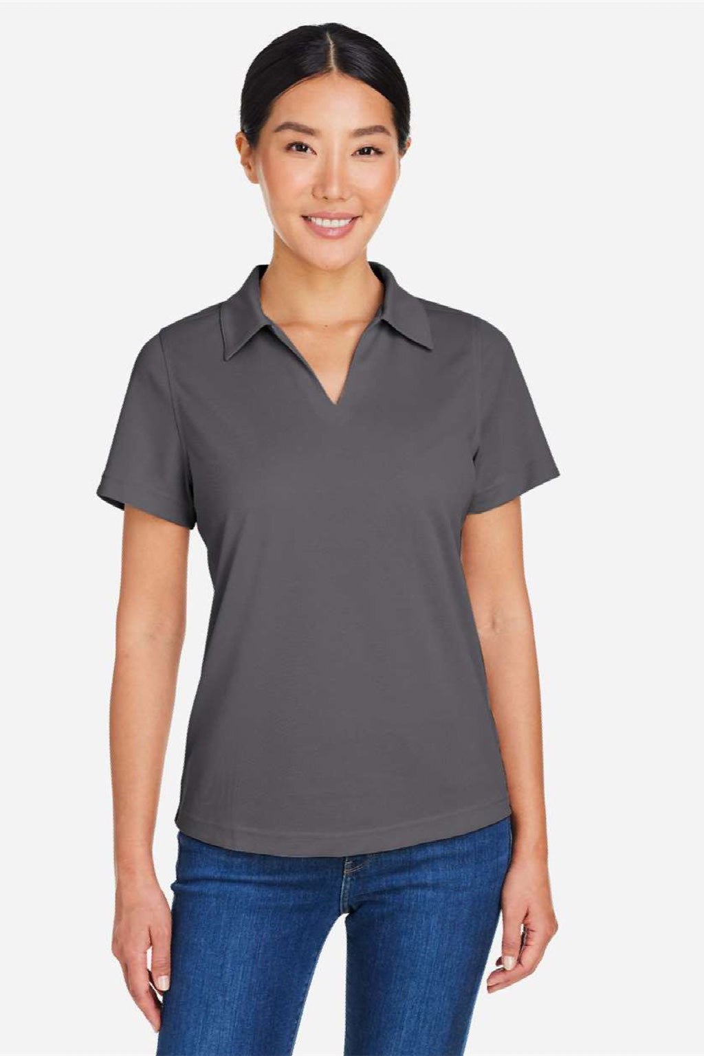 Core 365 CE104W Womens Market Snag Resistant Mesh Short Sleeve Polo Shirt Carbon Grey Model Front
