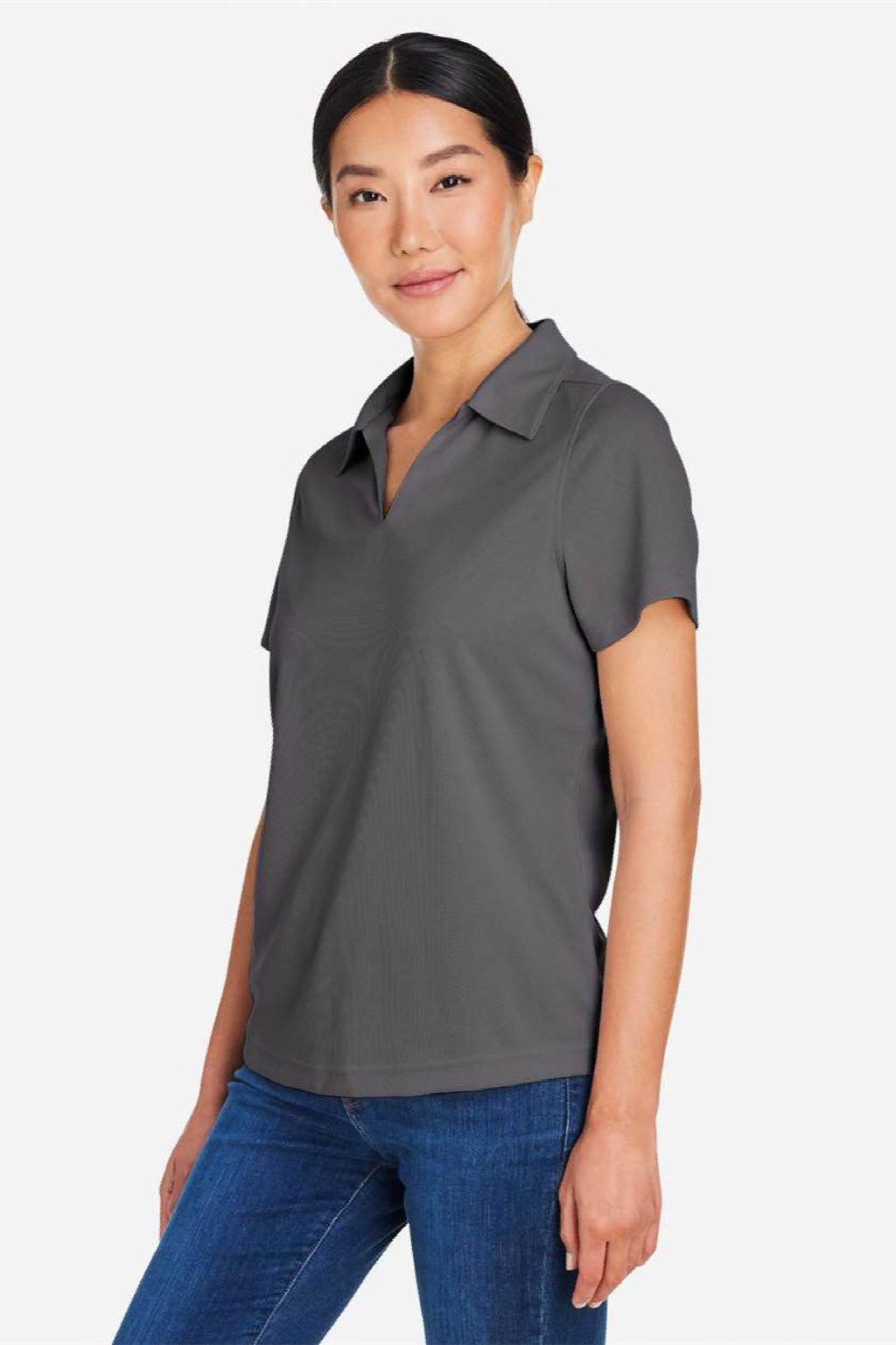 Core 365 CE104W Womens Market Snag Resistant Mesh Short Sleeve Polo Shirt Carbon Grey Model Side