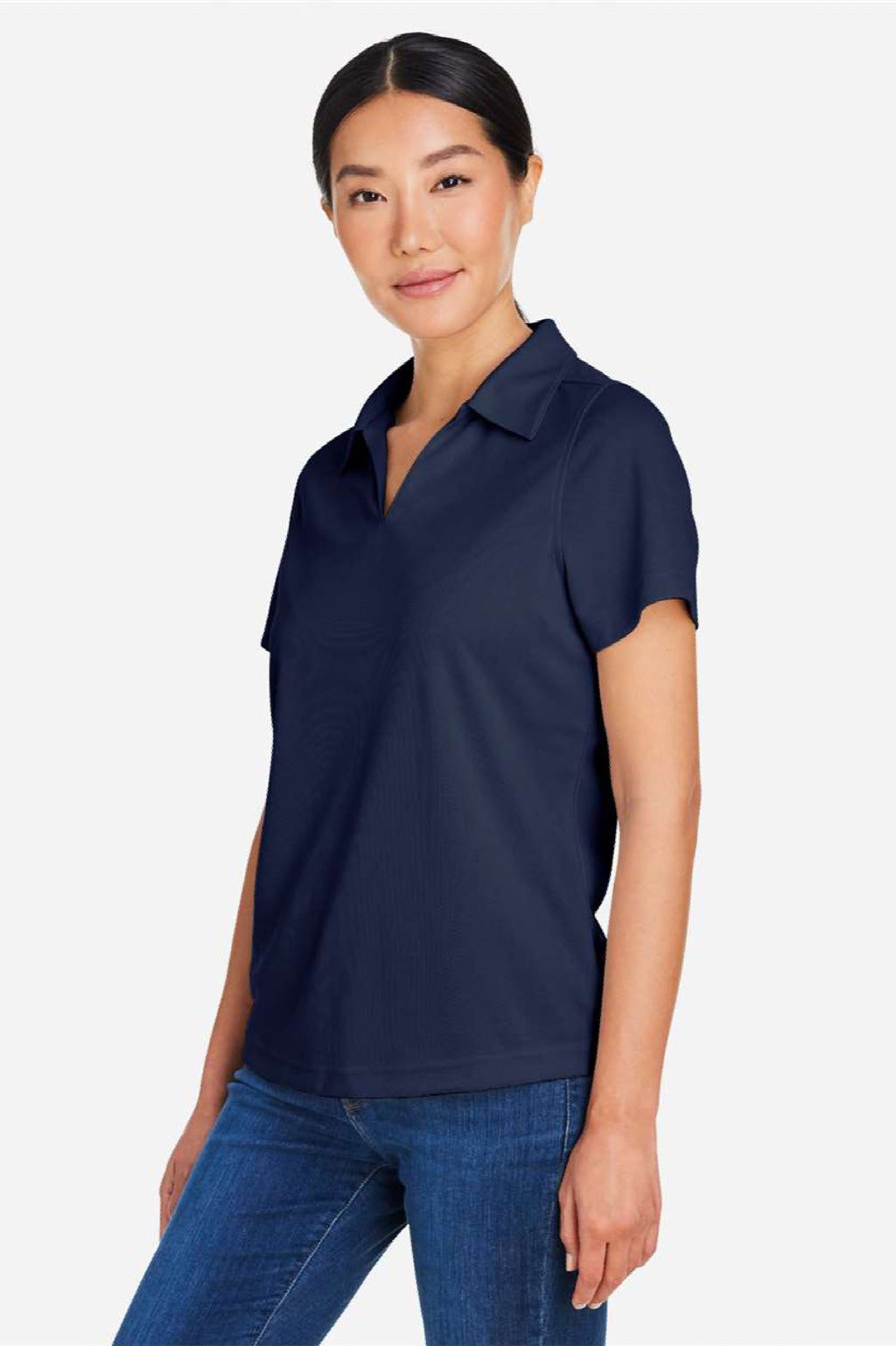 Core 365 CE104W Womens Market Snag Resistant Mesh Short Sleeve Polo Shirt Classic Navy Blue Model Side