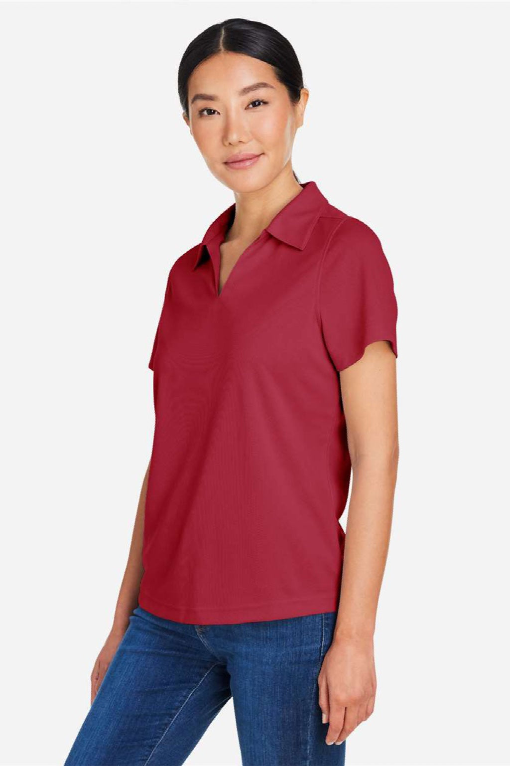 Core 365 CE104W Womens Market Snag Resistant Mesh Short Sleeve Polo Shirt Classic Red Model Side
