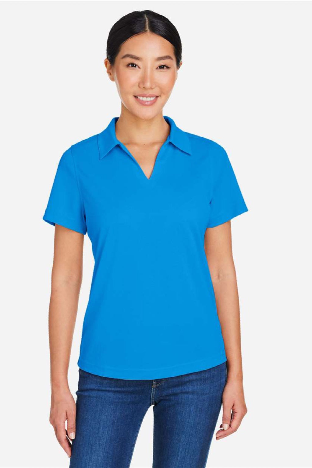 Core 365 CE104W Womens Market Snag Resistant Mesh Short Sleeve Polo Shirt Electric Blue Model Front