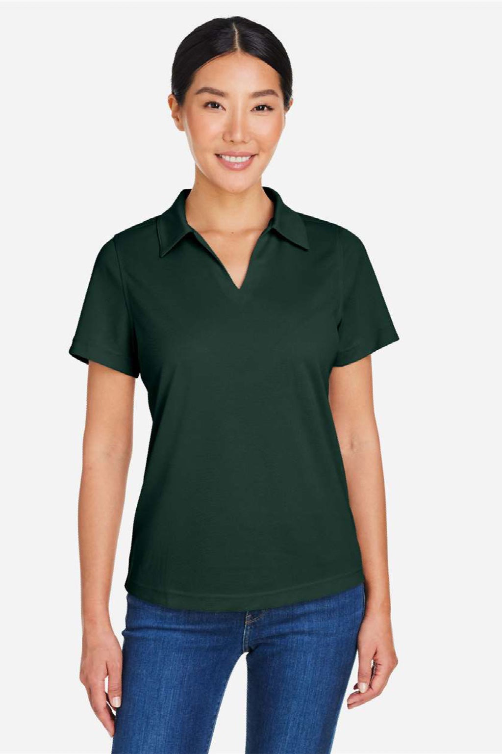 Core 365 CE104W Womens Market Snag Resistant Mesh Short Sleeve Polo Shirt Forest Green Model Front