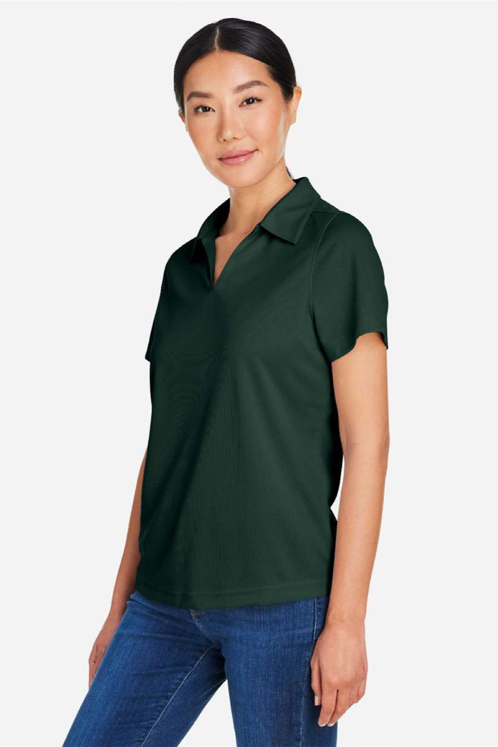 Core 365 CE104W Womens Market Snag Resistant Mesh Short Sleeve Polo Shirt Forest Green Model Side