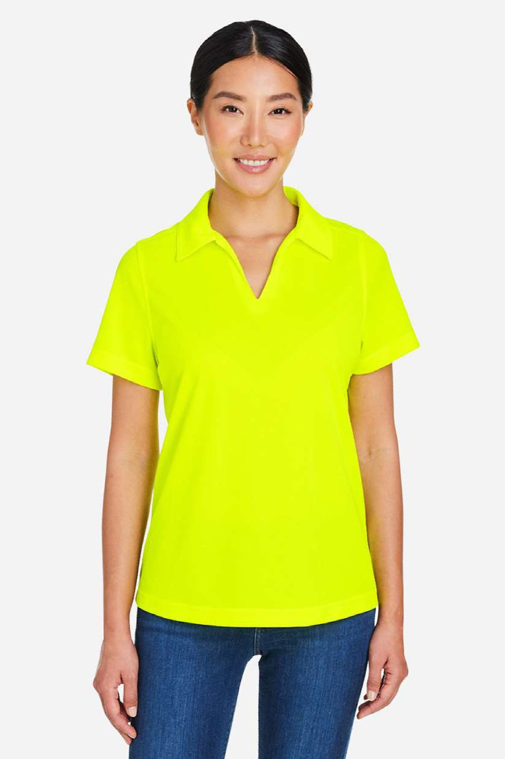 Core 365 CE104W Womens Market Snag Resistant Mesh Short Sleeve Polo Shirt Safety Yellow Model Front